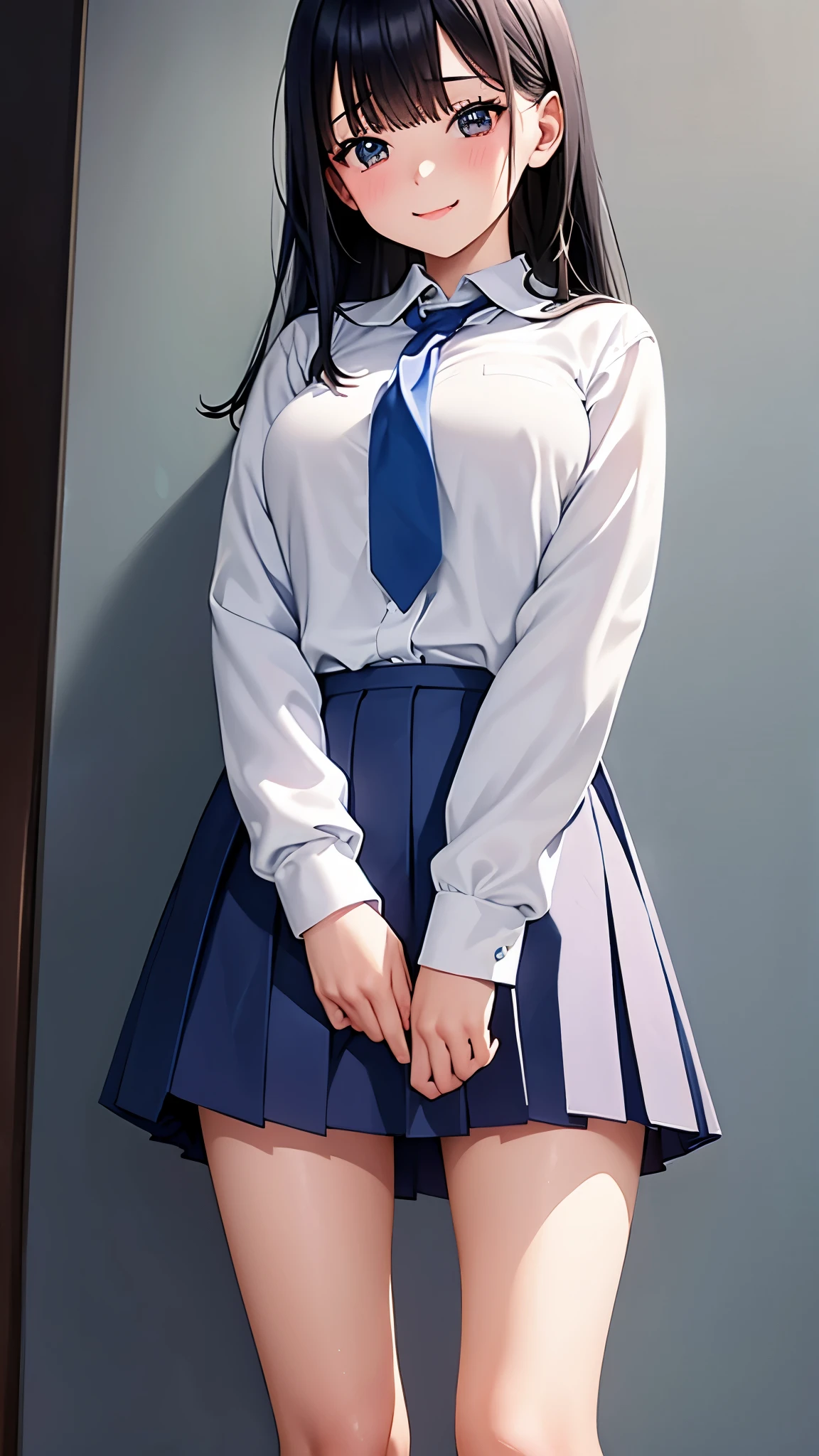 photo of sexy 1girl, tall,leggy,smile,standing in neat rows, in the school gymnasium,
wearing white (basic school sailor uniform), long sleeve, blue sailor collar, shiny blue tie pleated blue_mini_skirt, beautiful eyes, shiny black hair,navy short socks, full body shot, closeup shot, from front, from below, dutch angle shot, wide view,