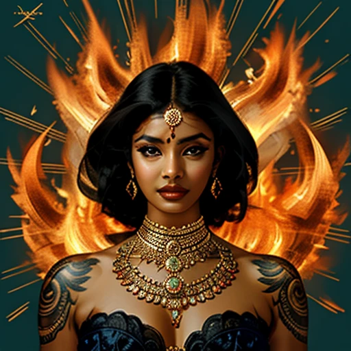 ultra-detailed, high ((best quality)), ((art)), majestic and intricately detailed smooth oil painting (beautiful black, Indian woman, muscular body, fine features, shapely face, afro tattoos all over the body, Goddess of Fire, beautifully adorned, on a beach), exquisite and elegant, cubism style, Salvador Dali style -ar 9:16 - v6