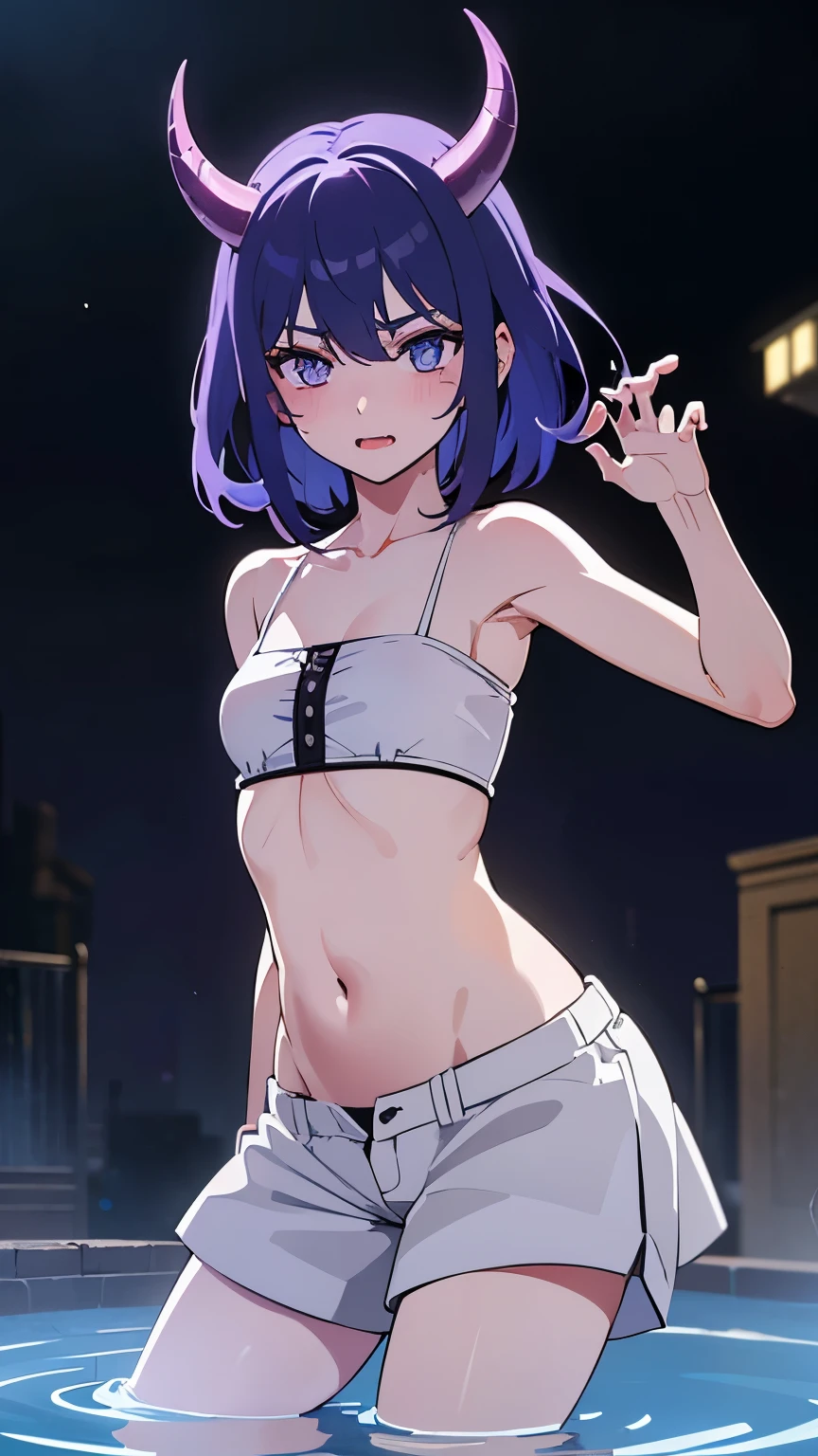 1 boy ,(big Stigmata), non binary, androgynous, School courtyard, (floating hair), ((in courtyard fountain)), character focus, ((black light)),((dark lighting)), cinematic lighting ,(darkness), (concept art), ((innocent face)), blue short straight hair, light blue hair color, dragonoid girl, short, short blue hairy, glowing bluish-purple horns, bluey-purple eye color, (glowing eyes), high resolution,(incredibly absurdres) ,extremely detailed CG unity 8k wallpaper, ((masterpiece)), ((top-quality)), (beautiful illustration), ((an extremely delicate and beautiful)), (masterpiece, Best quality, ultra high resolution), 1 girl, pale skin, Black Crown, purple eyes, Luminous_eyes, neon blue eyes, ultra detailed eyes, Beautiful and detailed face, detailed eyes, (Centered, torso), (wide shot:0.9), facing the viewer, Eye level, flat chested, flat chest, cup size AAA, Wearing black cargo shorts, sharp horns, blue horns on top of head