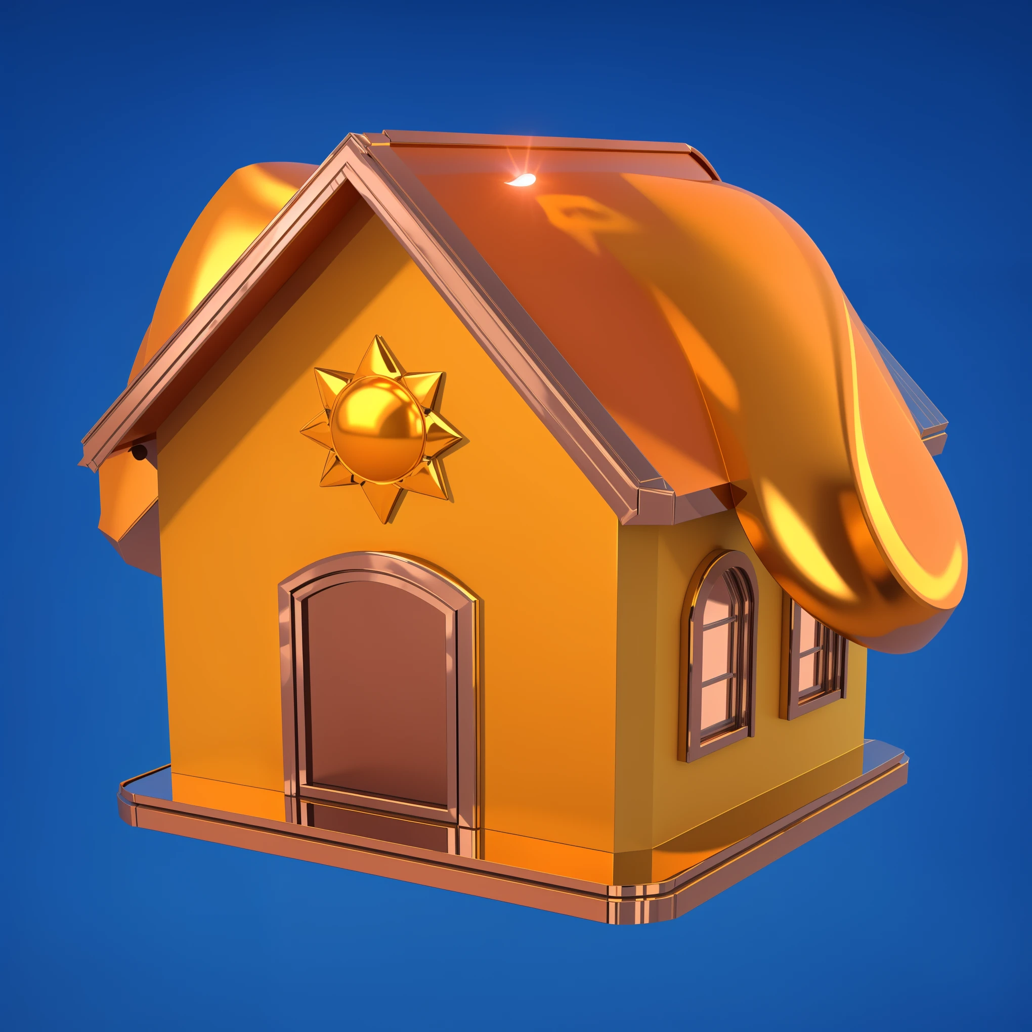 there is a glossy house with a shiny roof and the sun at the top, cartoon key frame rendering, rendered in keyshot, 3D rendering stylized, Molten metal house, sunshine and quaint houses, stylized 3d render, Rendering in Cinema4D, rendering in Cinema 4D, 3D icon for mobile game, stylized 3D rendering, оказанное искусство  chrome metal refractions