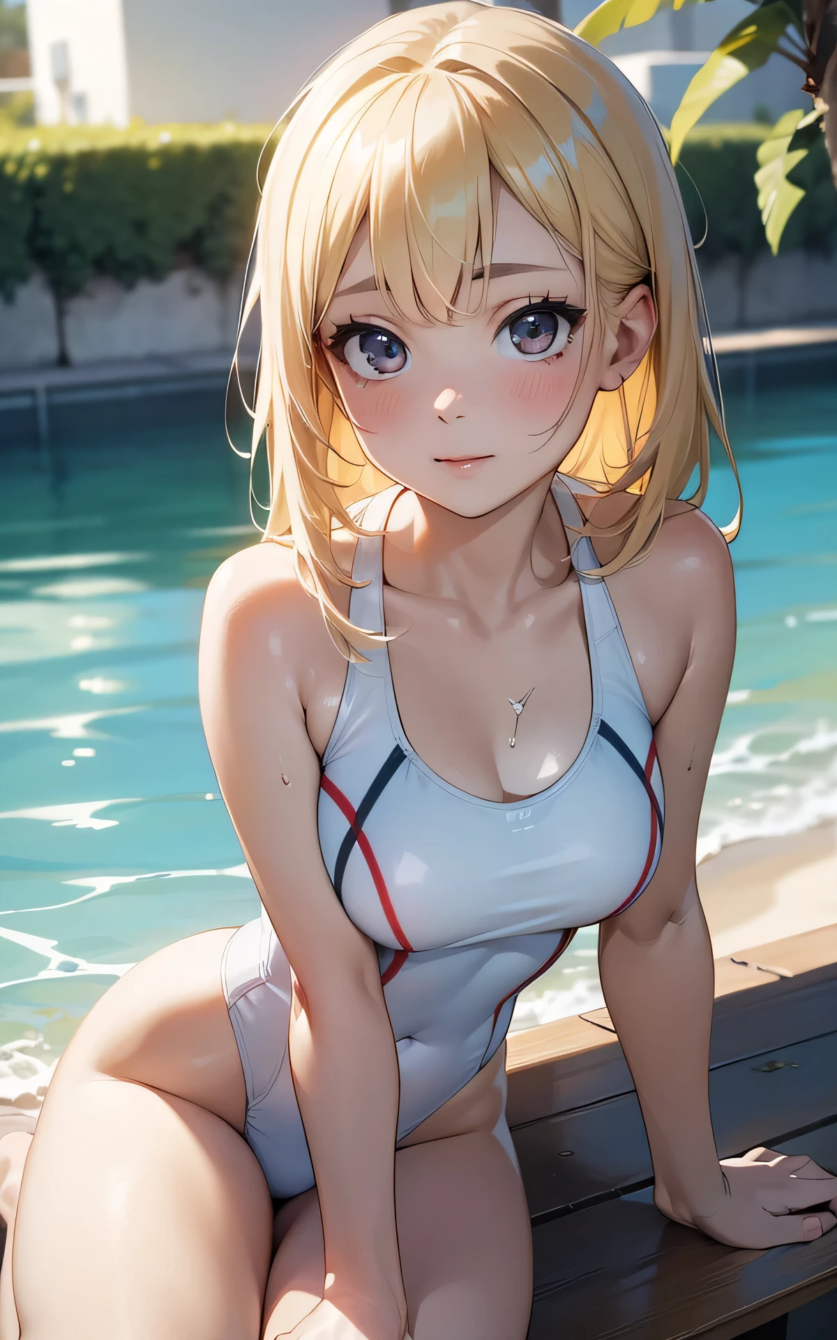 absurderes:2.0、realistic, Unity 8K Wallpaper, Masterpiece, Realistic face, Realistic skin feeling ,detailed hair, highly detailed, realistic glistening skin, Cute Girl, Perfect face, charming face, sitting, (white racing swimsuit)、(blond hair)