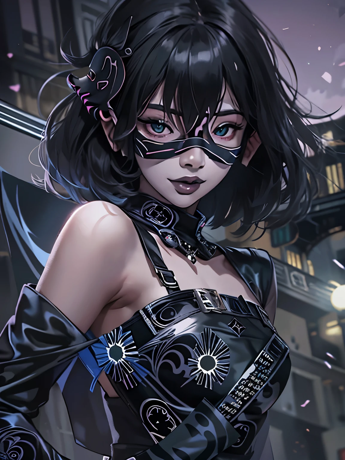NSFW((masterpiece)), (((Best Quality))), ((Ultra-detailed)), (extremely detailed photo), ((extremely delicate and beautiful)),(Cute delicate face), (A 25 years old dignified girl),(black and violet full armor) ,(holding a violet glowing sword ),short hair,against a dark background in a city,solo, double eyelid,delicate skin,slender body shape,(Wearing a black Domino mask:2)