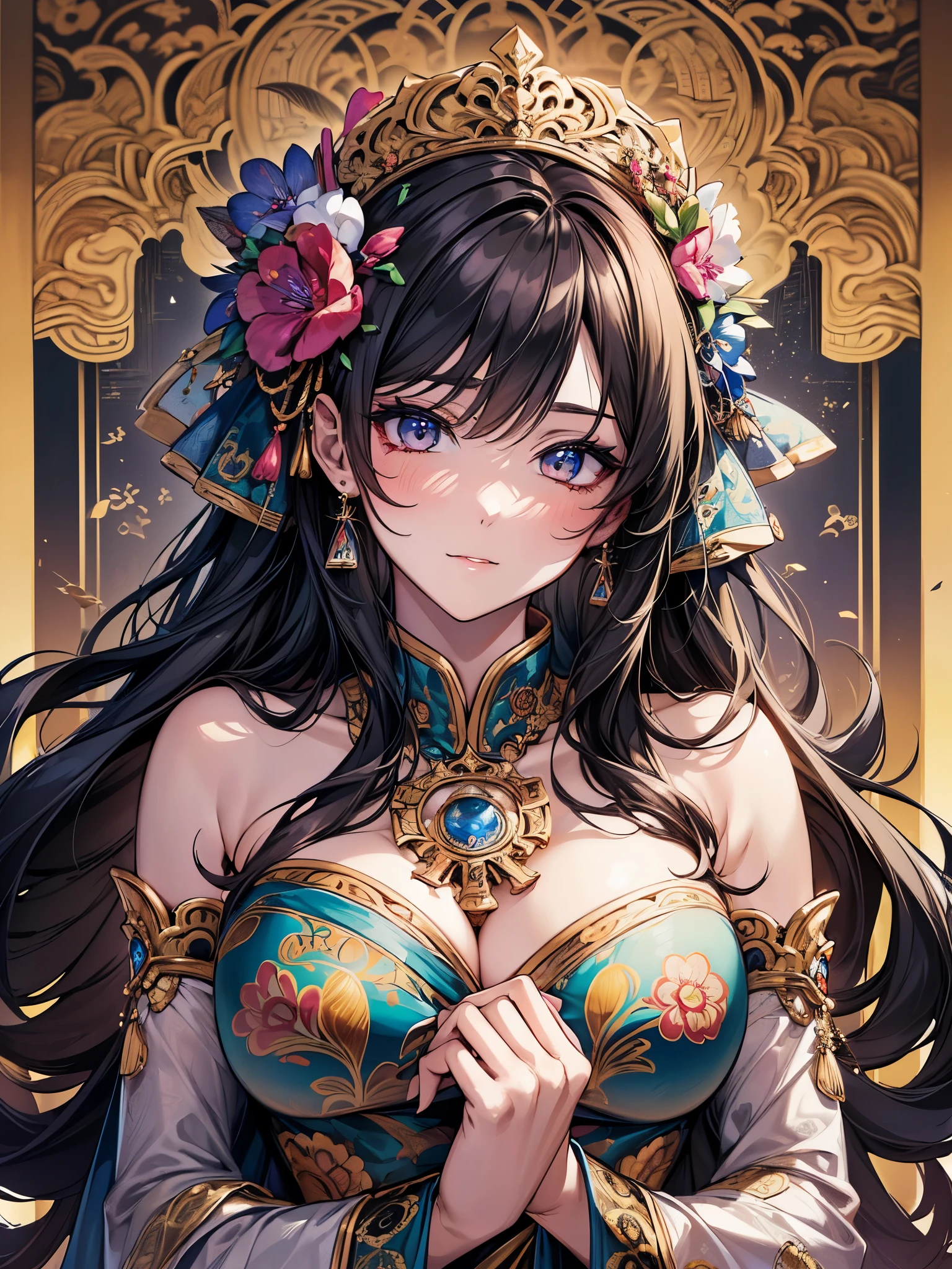 ((highest quality)),(ultra high resolution),(Super detailed),(detailed description),((best CG)),(best work of art),super precision art,amazing drawing art,(Oriental fantasy art with precise details:1.5), (1 woman:1.6),(beautiful and well-shaped face:1.6),(colorful patterned costumes:1.6),Accurate and detailed accessories