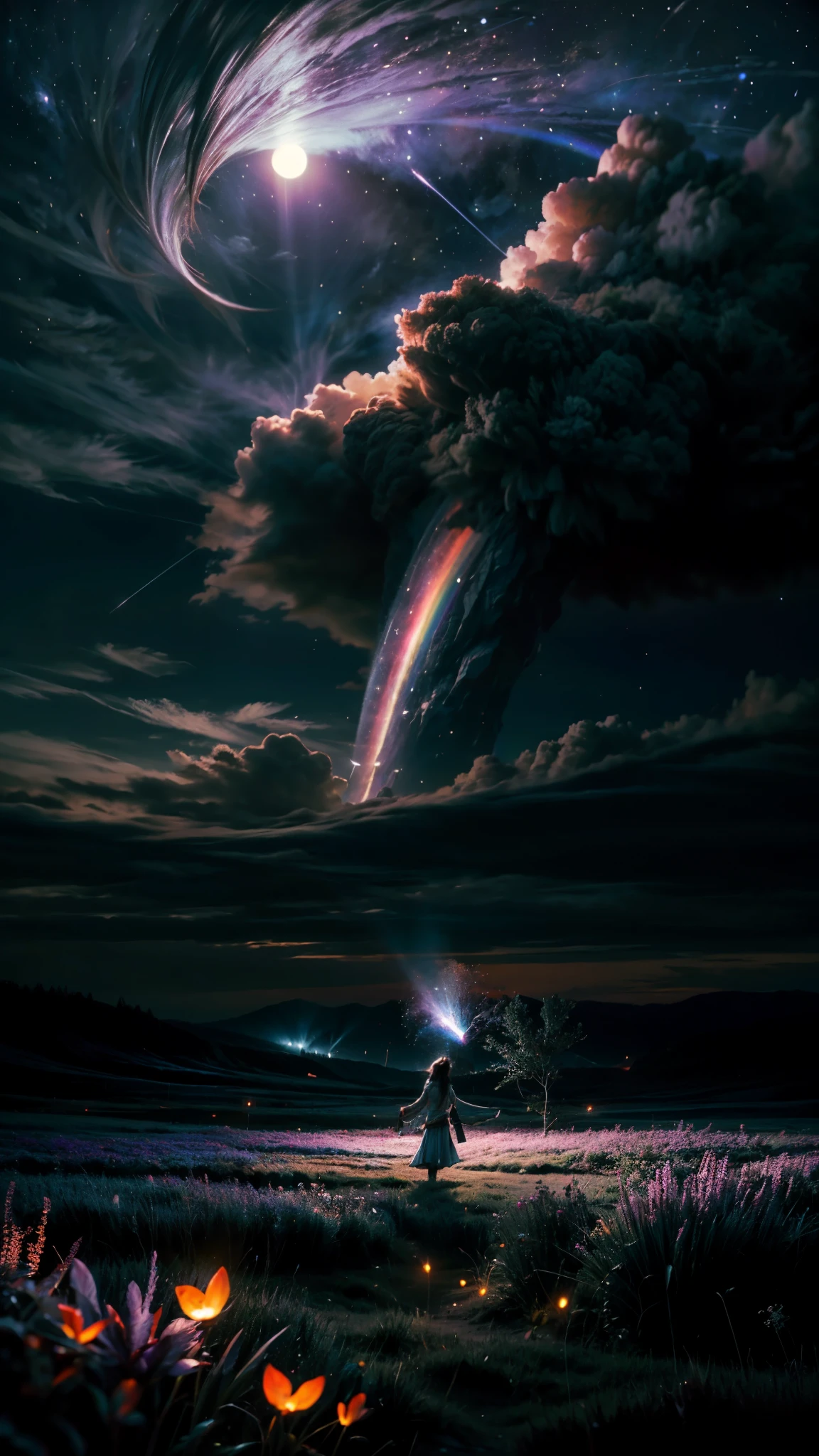Vast landscape photo, (viewed from below, the sky is above and the open field is below), a girl standing on a flower field looking up, (full moon: 1.2), (meteor: 0.9), (nebula: 1.3), distant mountains , Trees BREAK Crafting Art, (Warm Light: 1.2), (Fireflies: 1.2), Lights, Lots of Purple and Orange, Intricate Details, Volumetric Lighting, Realism BREAK (Masterpiece: 1.2), (Best Quality), 4k, Ultra-Detailed, (Dynamic Composition: 1.4), Very Detailed, Colorful Details, (Rainbow Colors: 1.2), (Glow Lighting, Atmospheric Lighting), Dreamy, Magical, (Solo: 1.2)
