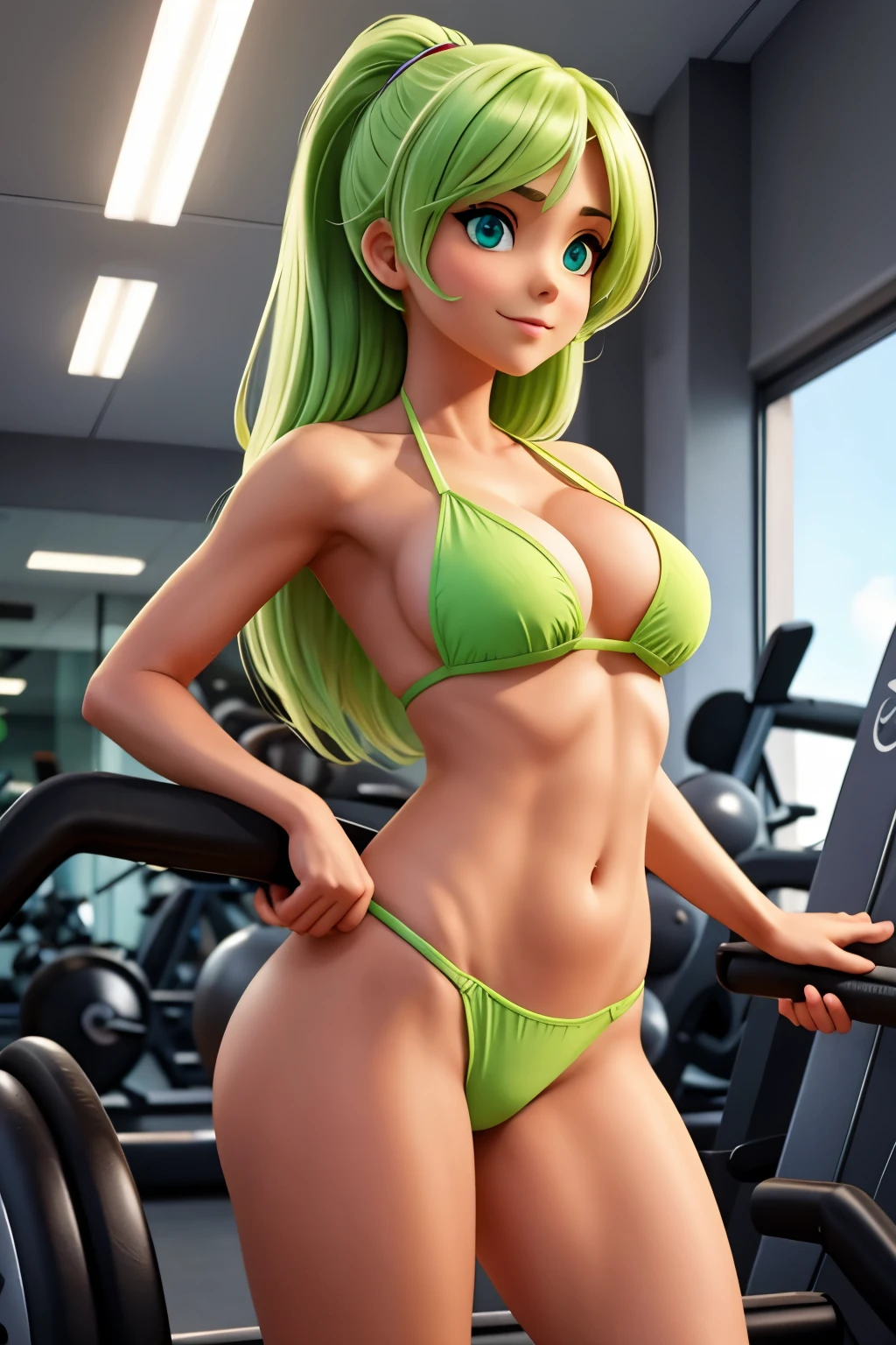 Uma garota sexy com cabelos castanhos, ela tem peitos gigantescos, she is at the gym, wearing a small lime green bikini