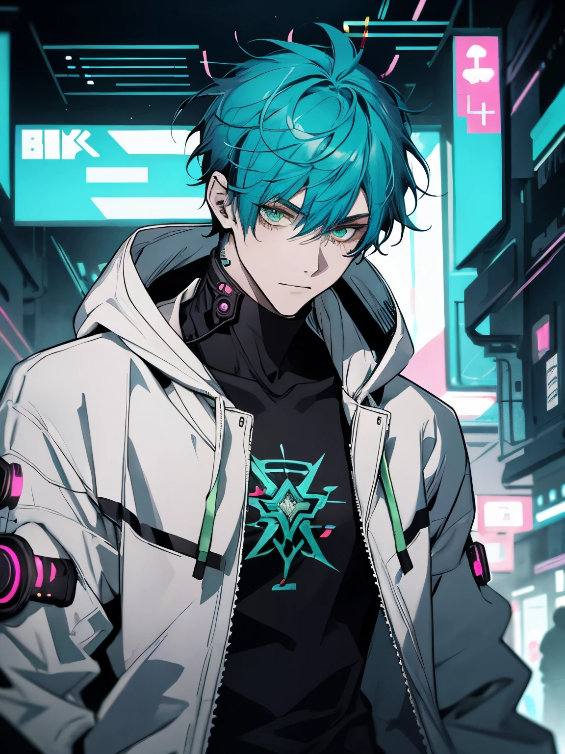 male, short hair, blue hair, green eyes, white hood, black shirt, cyberpunk, neon