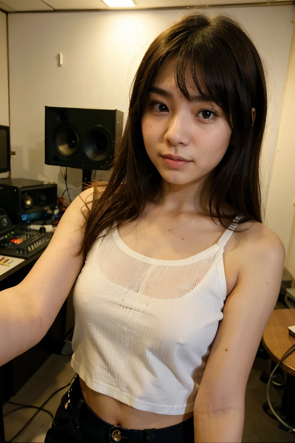 17 year old Japanese girl takes selfie in a recording studio