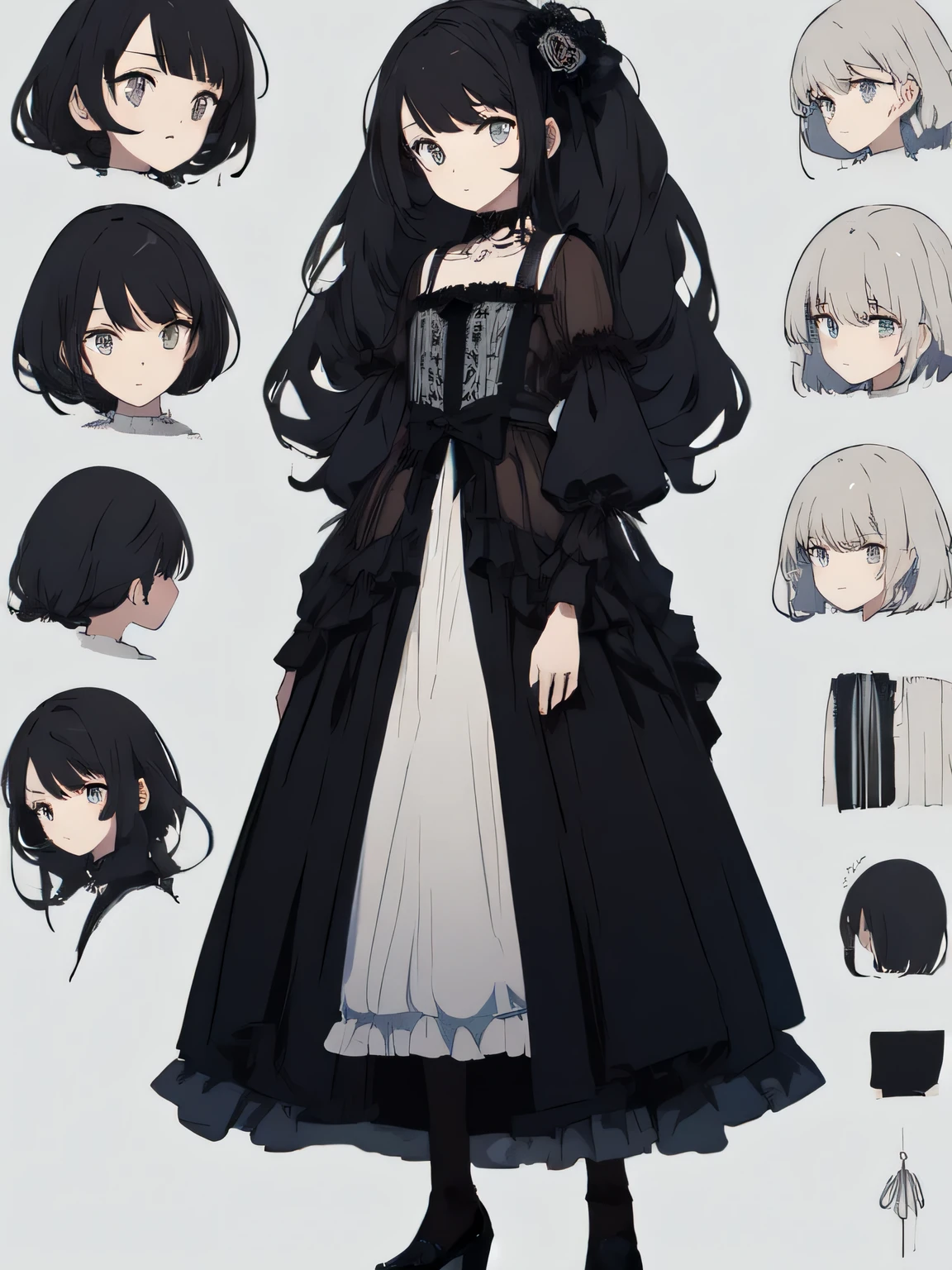 ((masterpiece)), (highest quality、detailed glowing eyes))), (character design sheet, National costume, same character, front, ~ ~ side, return), shape, 1 girl, whole body, black hair, Glossy hair and skin, beautiful eyes, princess cut, Site of environmental change, short skirt, Shyness, woman, girl, Are standing, Gothic ta, V tuber, (simple returnground, white returnground: 1.3) ( masterpiece:1.2), (highest quality:1.3)、beautiful anime