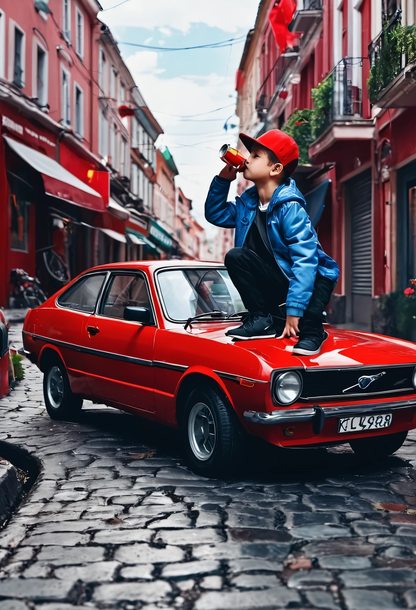 A boy with a car drink red vine street futuris tic background realistic