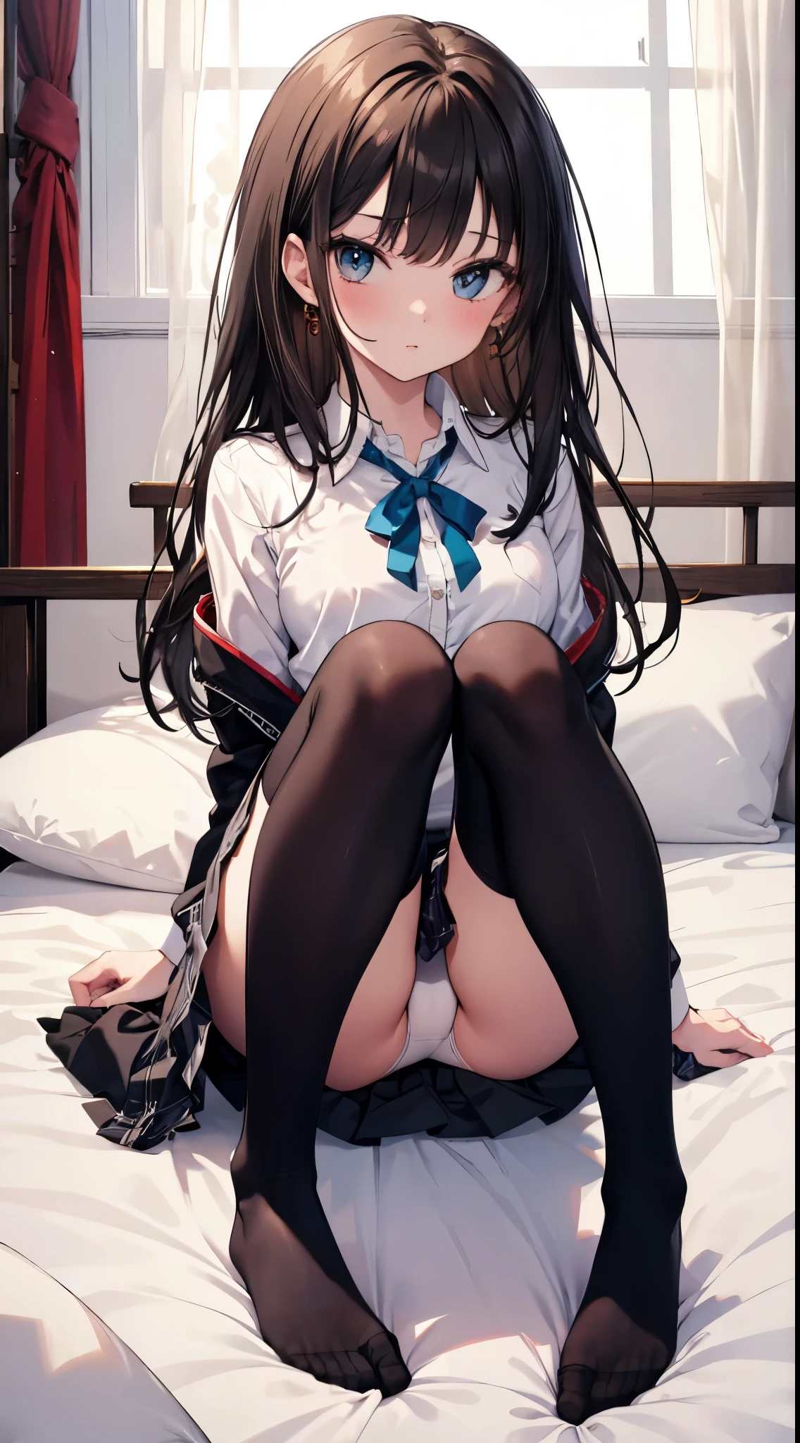 finest, masterpiece, High resolution, (Full body view from head to toe), Composition from slightly below the front, Symmetrical, 18 years old, slim and beautiful girl, alone, (small breasts), (not wearing shoes),Unkempt brown hair, bangs, (black tights), (black pantyhose), (Pose with legs spread on the bed), tied up with both arms hidden behind the back, (Composition showing white panties), (her legs spread、I can see white panties.), blush, shy big eyes, looking at camera, blazer uniform, plaid pleated skirt