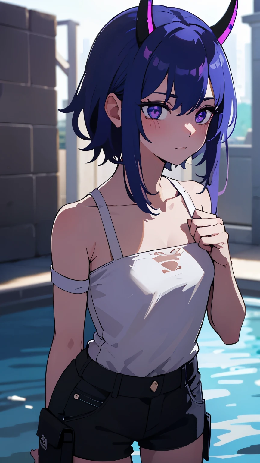 best quality, masterpiece, super high resolution, perfect anatomy, 1girl, purple hair, short hair, single sidelock, braided sidelock, long bangs, shell hair ornament, shell earrings,  aqua eyes, small breasts, tanned skin, freckles, narrow waist, skinny, 23 years old, incredibly absurdres, micro bikini, arms over head