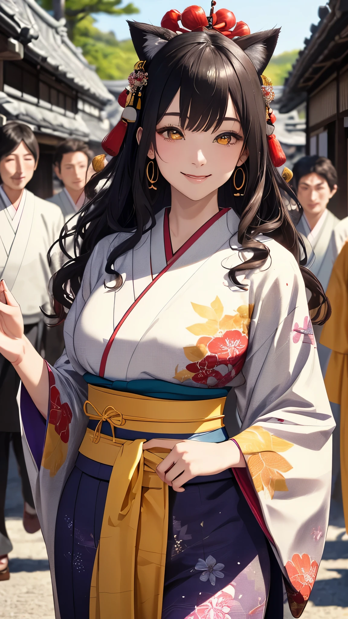 (masterpiece, best_quality, ultra-detailed, immaculate:1.3), portrait, upper body, detailed face, detailed hands, ((1girl:1.35)), epic, cute beautiful ideal japanese girl, beautiful red kimono, priestess of love, priestess of passion, ((walking pose)), ((smiling face expression)), curvy body, curly fox color hair, yellow eyes, ((surrounded by inlove mans, Japanese medieval village background))