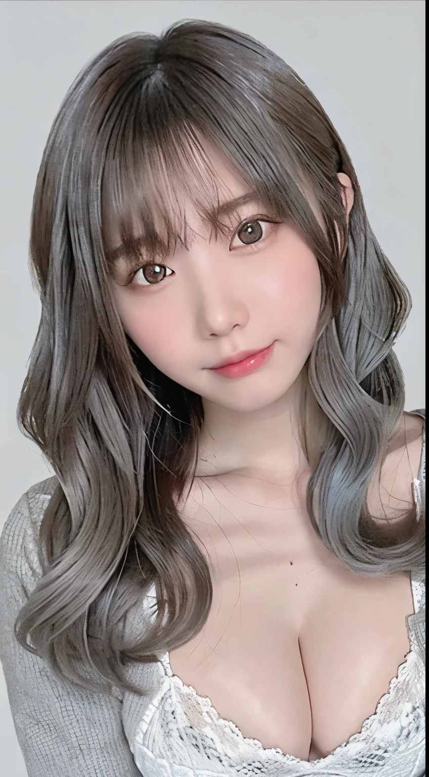 masterpiece, highest quality, 8k, absurd, (Front view of the whole body:1.4), ((((beautiful white hair))))、((white haired japanese woman)))、(short wavy gray hair:1.5)、beautiful girl, cute face, looking at the viewer, laughter, surreal, High resolution, photograph, film grain, chromatic aberration, sharp focus, nffsw, face light, dynamic lighting, movie lighting, professional shadow, simple background, (dull gray background:1.4), most detailed, very detailed, Super detailed, finely, real skin, delicate features, detailed face and eyes, sharp pupils、realistic student、(Korean、Japanese、Chinese:0.3)、((:1.3))、natural shading、((thin pubic hair))、K-POPアイドル)Calm and happy like a goddess、(((chest comes out、nipple)))、(((Between Strandelm)))、Look at the viewer with your whole body