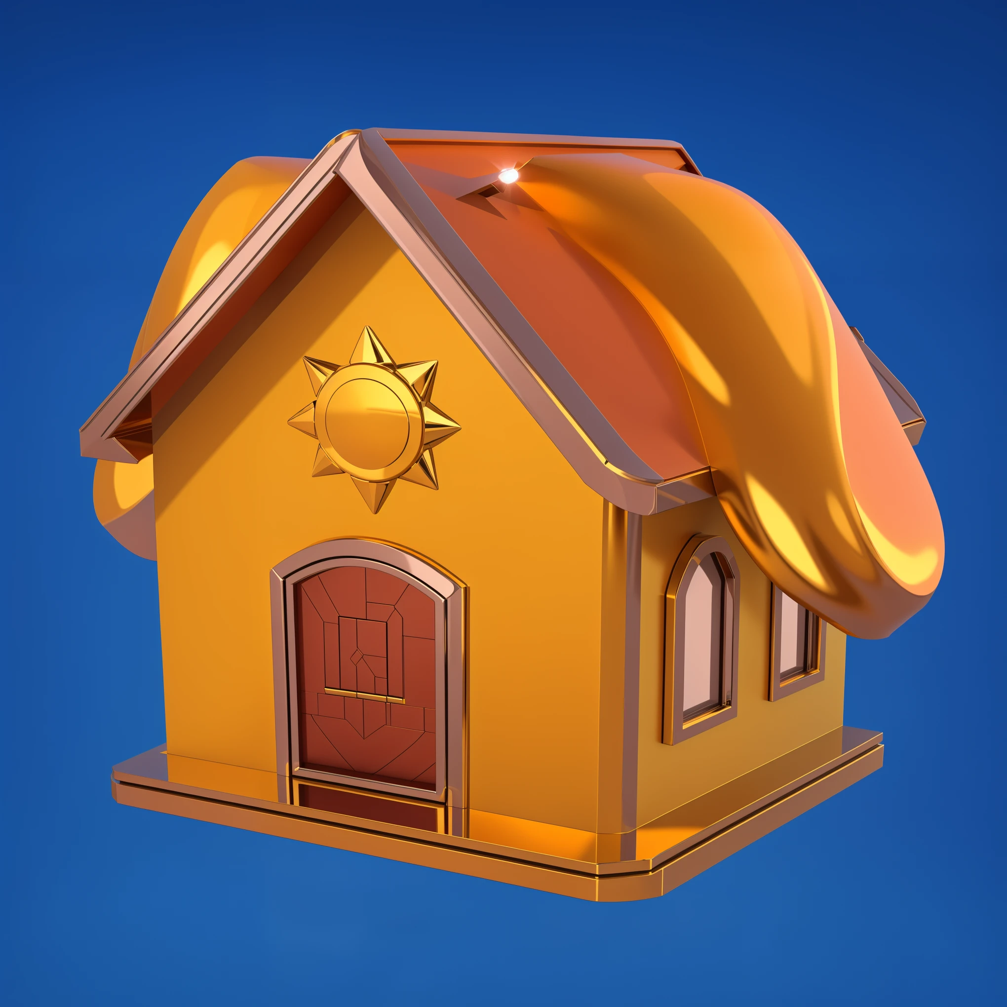 there is a glossy house with a shiny roof and the sun at the top, cartoon key frame rendering, rendered in keyshot, 3D rendering stylized, Molten metal house, sunshine and quaint houses, stylized 3d render, Rendering in Cinema4D, rendering in Cinema 4D, 3D icon for mobile game, stylized 3D rendering, оказанное искусство  chrome metal refractions
