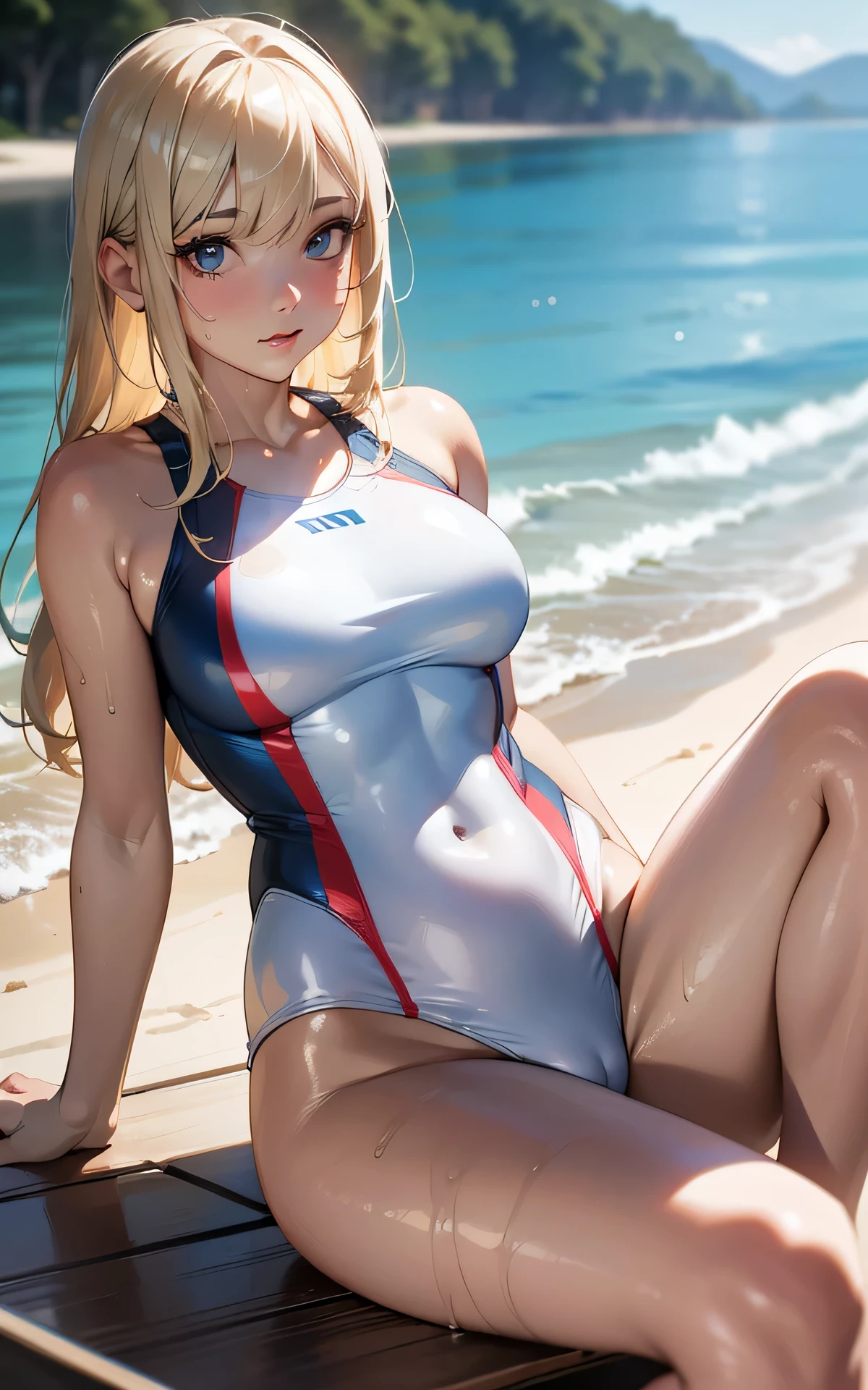 absurderes:2.0、realistic, Unity 8K Wallpaper, Masterpiece, Realistic face, Realistic skin feeling ,detailed hair, highly detailed, realistic glistening skin, Cute Girl, Perfect face, charming face, sitting, (white racing swimsuit)、(blond hair)
