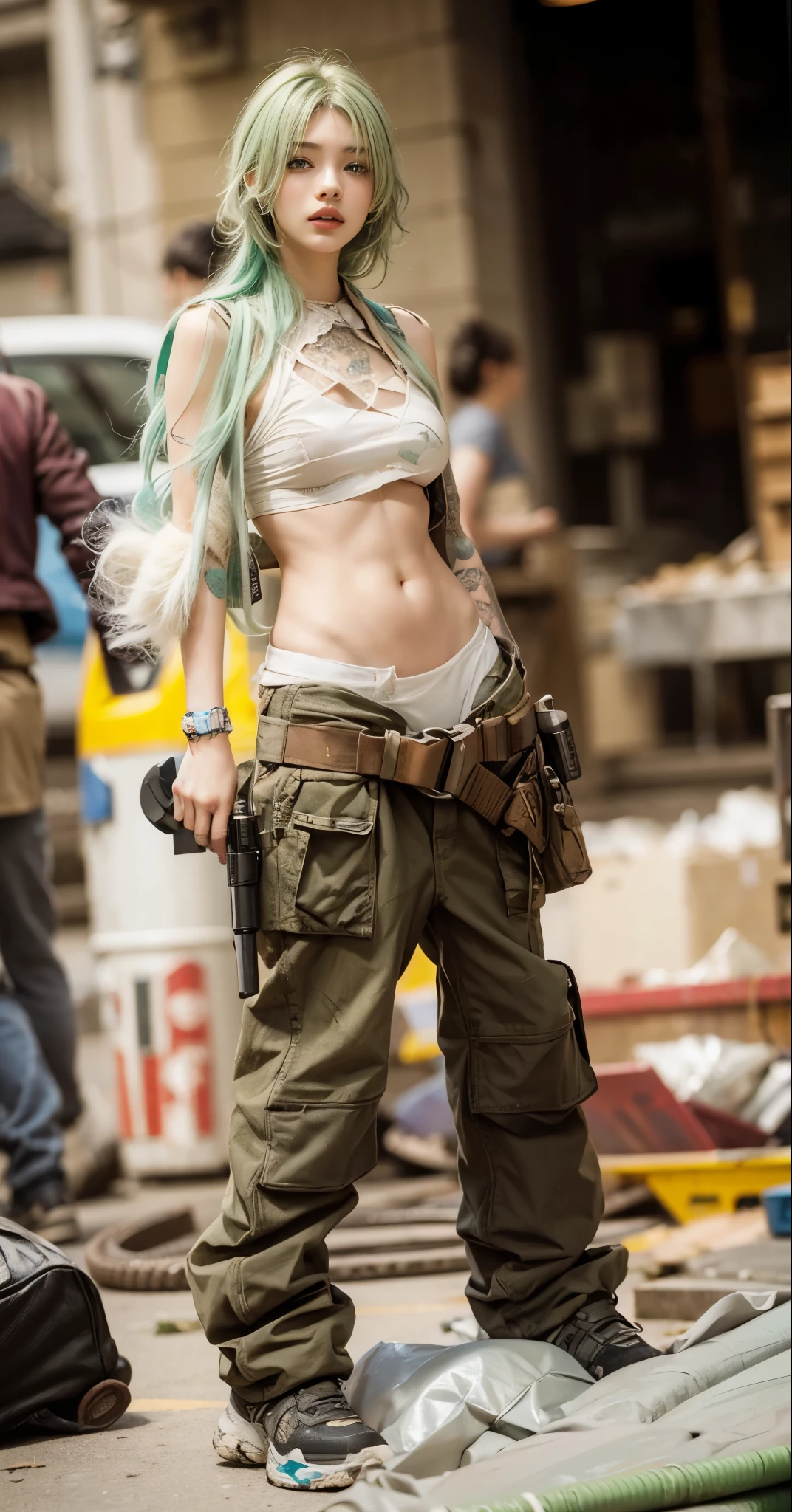 1bela mulher cabelo loiro longo, batom marrom, jaqueta de couro, Wide camouflage pants, middlebreasts, colar de cruz de prata, corpo inteiro, standing on her feet, botas pretas de estilete