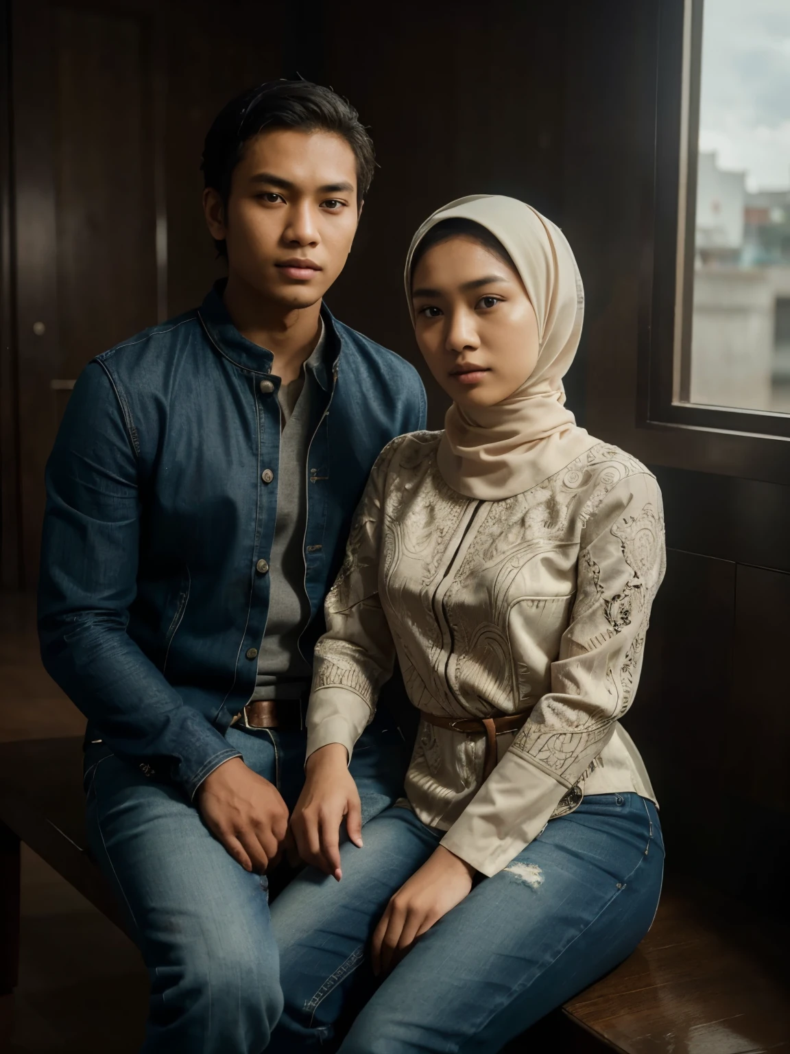 a young Indonesian man sits posing next to a young Indonesian woman. beautiful young woman, Hijab, Dress, jeans. best quality, realistic, photorealistic, (intricate detail: 1.2), (fine detail), (cinematic light), clear lines, sharp focus, realistic face, detailed face, unity 8k wallpaper, very high resolution, (photorealistic: 1.4), He was looking at the audience