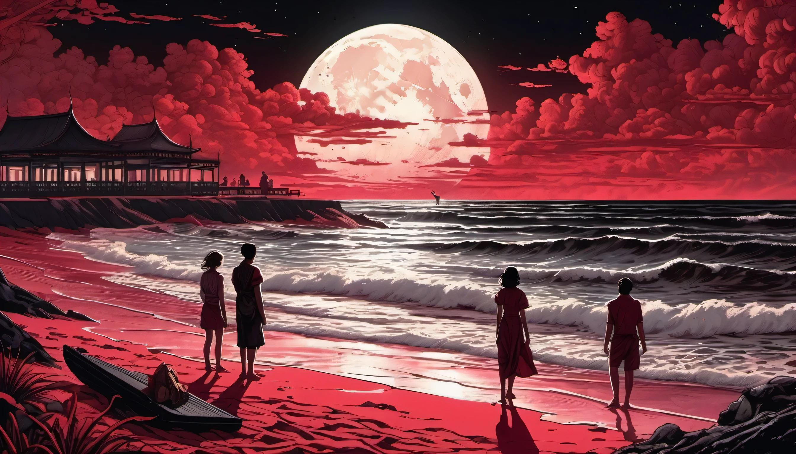 breathtaking illustration of beach, Young people standing on the border between crimson and black, intricate detail barbecue set, majestic symbolism, moonlit tragedy reigns supreme, step into the darkened dynasty, world of stoicism and totalitarianism, fantasy palette, insane and elaborate techniques, realistic, intricate detail, shadow depths brush work, presence emphasized immortal quality coating,