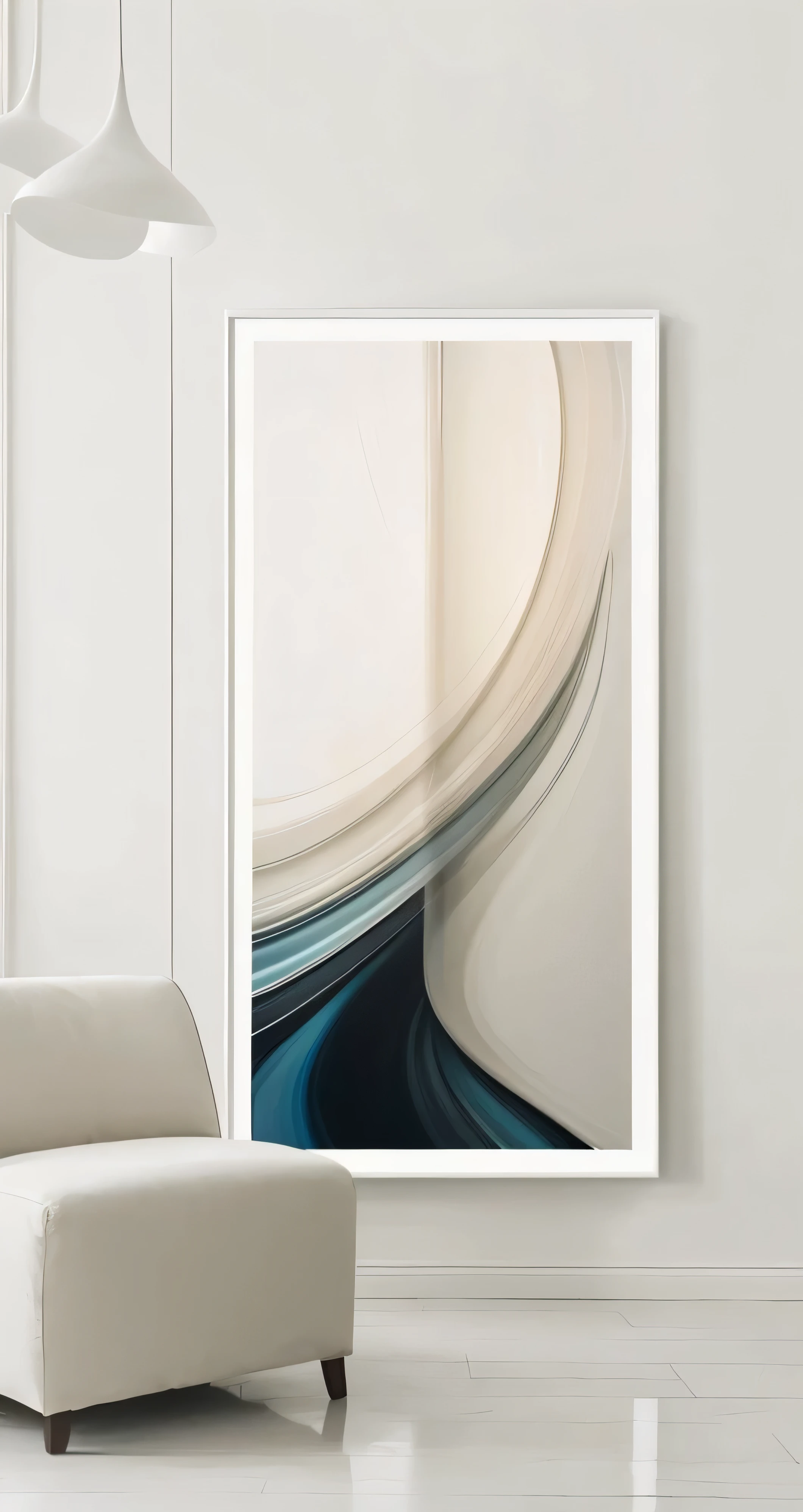 arafed picture of a living room with a chair and a large picture, canvas art print, elegant and refined painting, vertical movie frame, nacre painting, abstract minimalist painting, clean elegant painting, hanging scroll on wall, glossy painting, high quality gloss art, ultrafine detailed painting, art poster, high quality 16k digital art, abstract mirrors