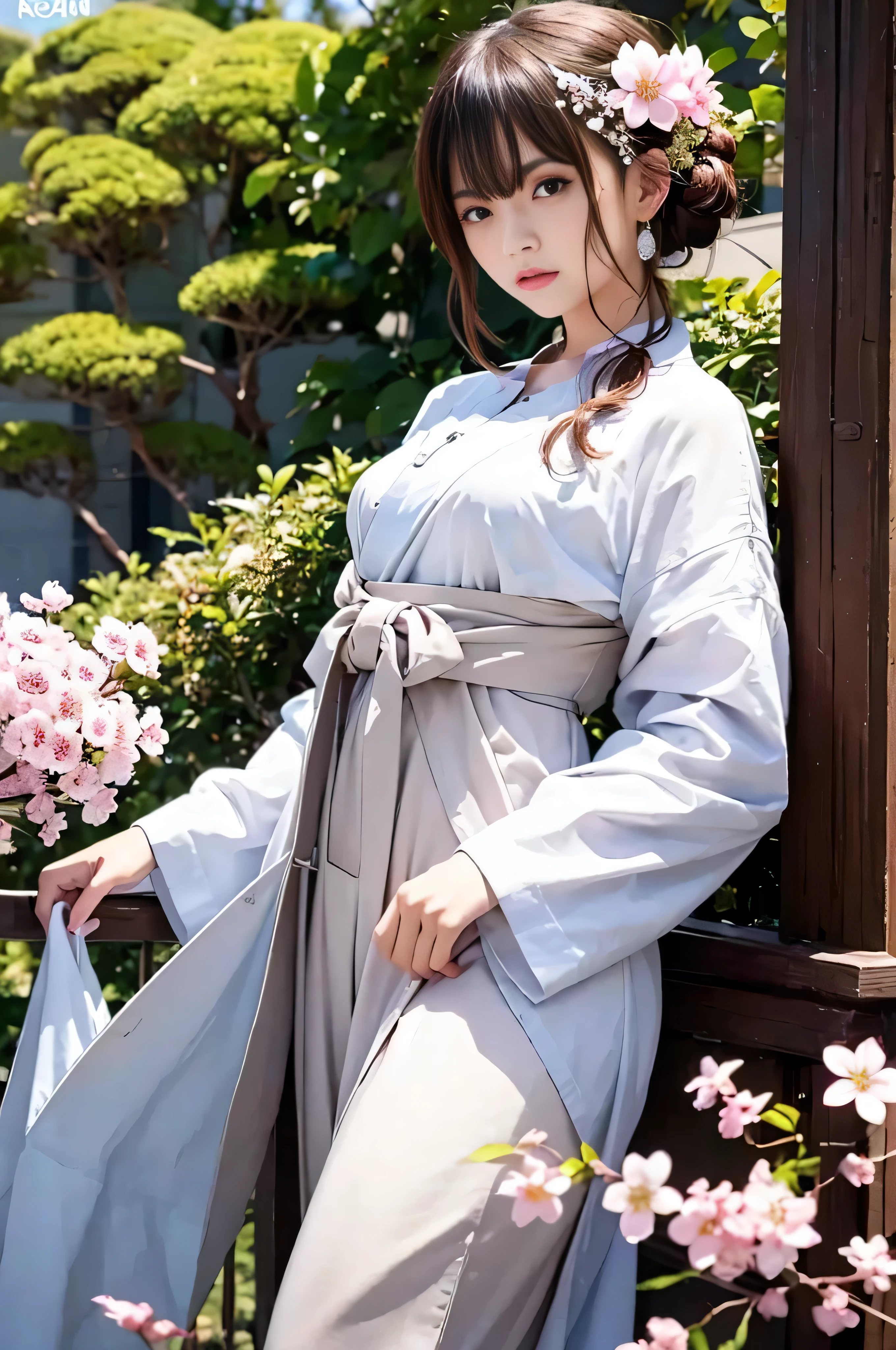 ((RAW image quality:1.4)), hair ornaments、earrings, 1 girl, alone,、highest quality, realistic, super delicate, Beautiful and attractive girl, slender body, tied hair, one girl, girl pictures, full body shot, beautiful blue eyes, looked back,耳Nipple Ring、hair ornaments、gem、in the same way、sexy, Cherry tree,
