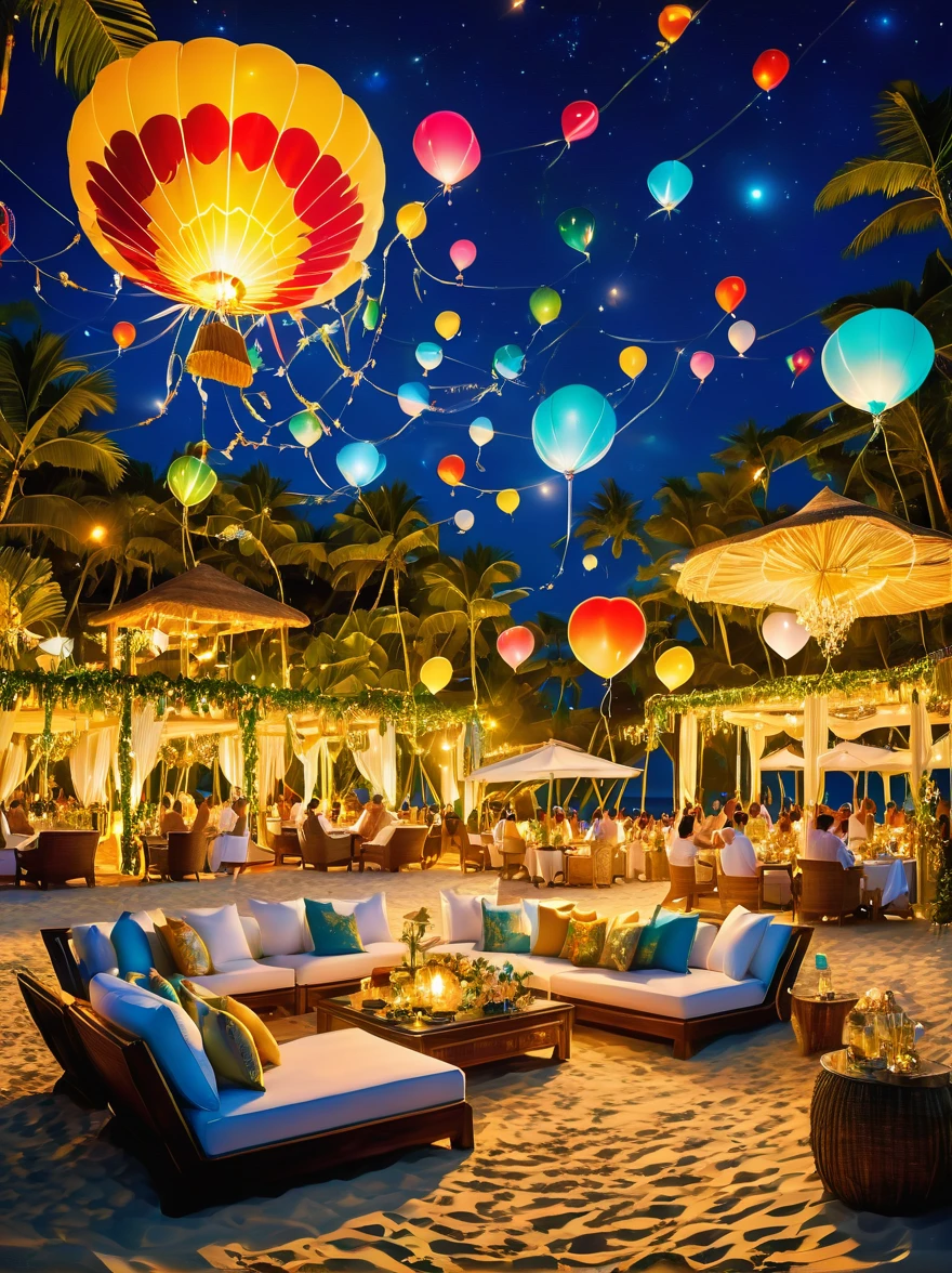 ((Night, under the stars)),A luxurious and joyous beach under the sky, where the golden sands meet the azure sea. The scene is set with opulent decorations, shimmering lights, and vibrant balloons. Guests are seen enjoying themselves, with some lounging in chic beach chairs, others dancing freely on the sand, and a few indulging in extravagant beachside cocktails. The atmosphere is electrified with live music, a DJ spinning upbeat tracks on a stage adorned with tropical flowers, This setting captures the essence of a lavish celebration, blending the natural beauty of the beach with the exhilaration of a festive gathering.