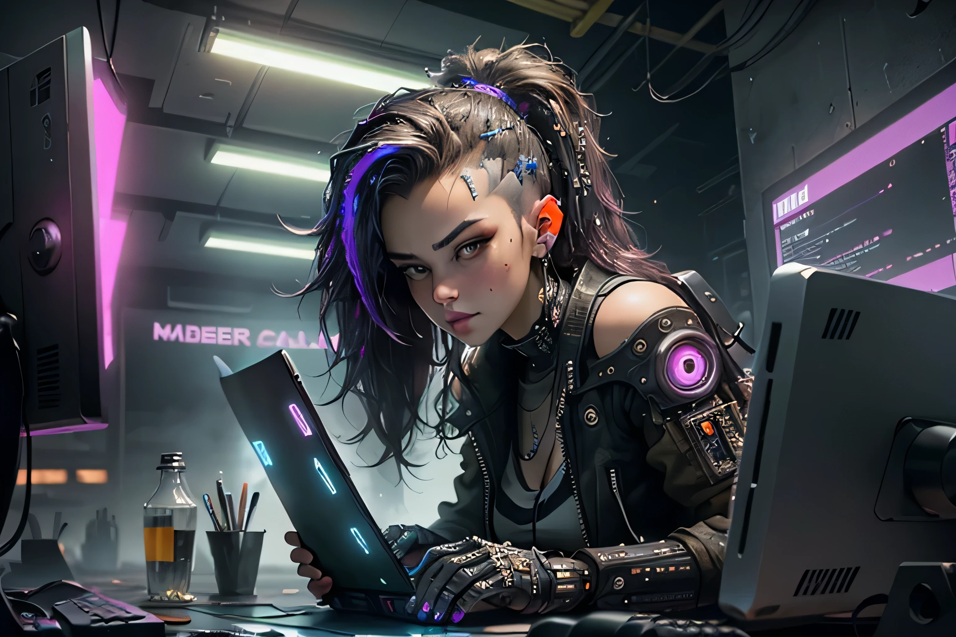 ((Best quality)), ((masterpiece)), (highly detailed:1.3), 3D, beautiful (cyberpunk:1.3) hacker woman with thick voluminous hair operating a computer terminal