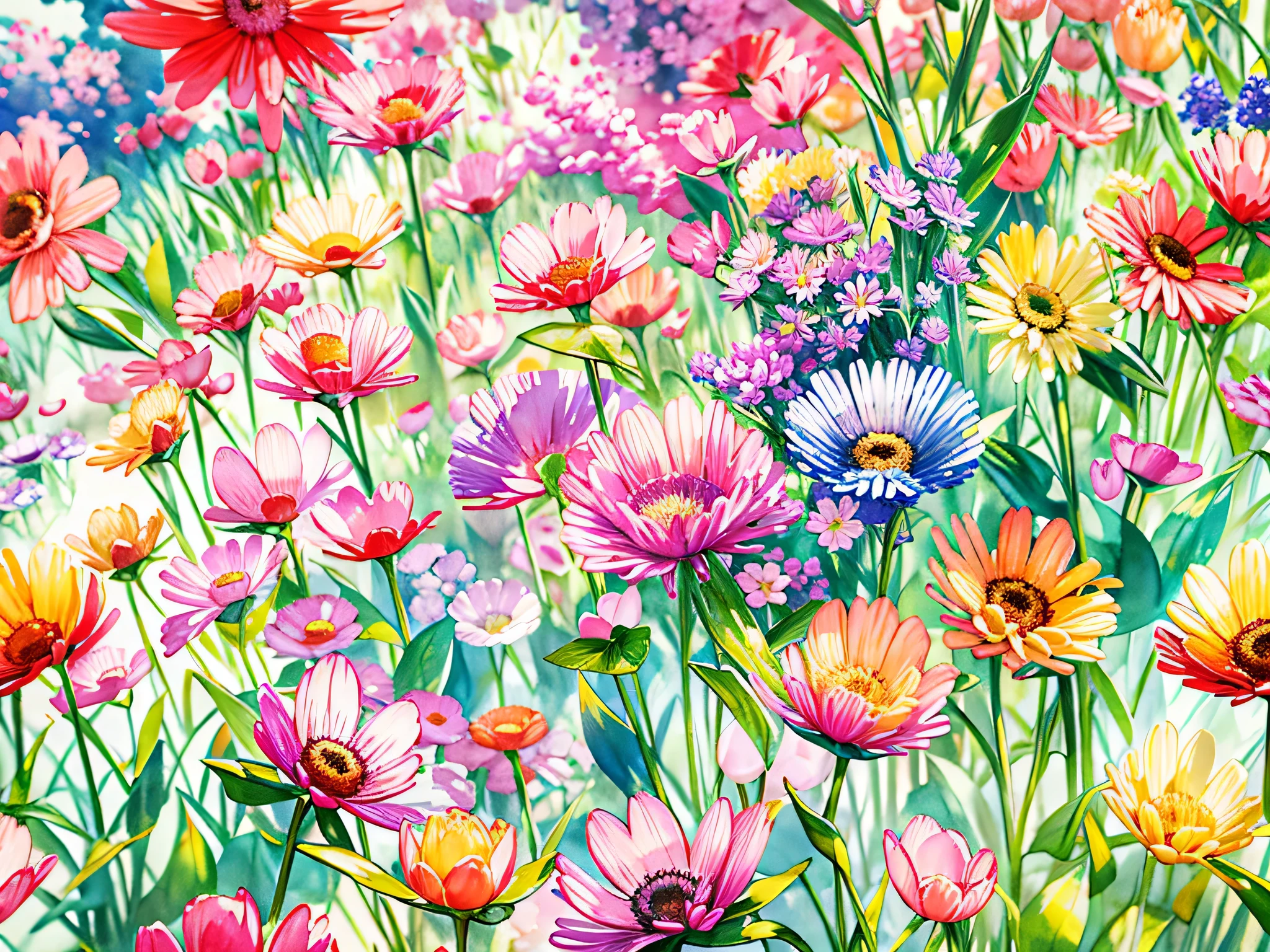 watercolor painting, 8K resolution、((highest quality))、((masterpiece))、((Super detailed))、incredibly absurd、(((the most beautiful scenery of spring)))、colorful flowers、art of light、rich colors、Impressive landscapes