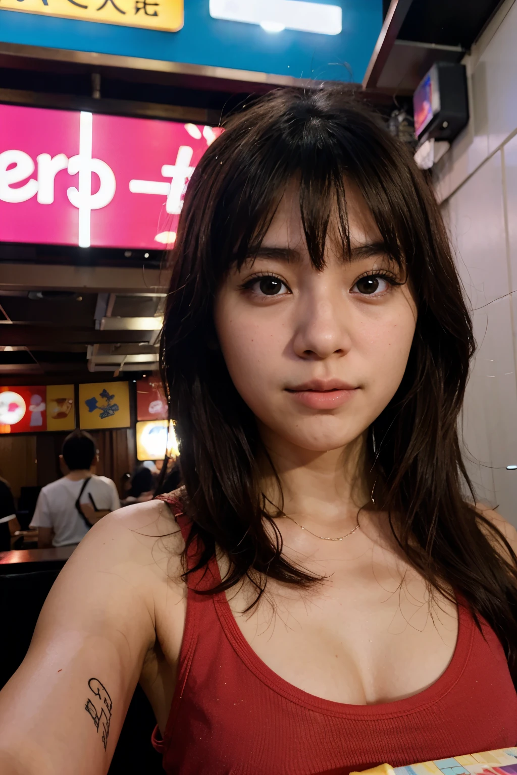 Japanese girl takes selfies in a karaoke bar
