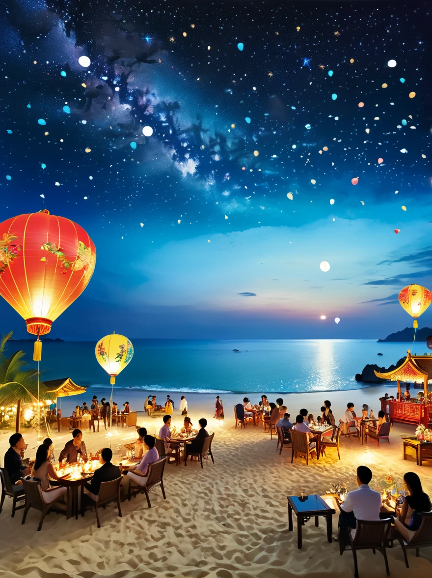 super detailed,Chinese ink style,Chinese landscape painting, ((Night, under the stars)),A luxurious and joyous beach under the sky, where the golden sands meet the azure sea. The scene is set with opulent decorations, shimmering lights, and vibrant balloons. Guests are seen enjoying themselves, with some lounging in chic beach chairs, others dancing freely on the sand, and a few indulging in extravagant beachside cocktails. The atmosphere is electrified with live music, a DJ spinning upbeat tracks on a stage adorned with tropical flowers, This setting captures the essence of a lavish celebration, blending the natural beauty of the beach with the exhilaration of a festive gathering。it sparks our imagination,Let us be immersed in this dreamlike artistic conception,magical atmosphere,happy and peaceful scene,Surreal and ethereal colors,texture landscape,otherworldly environment,beautiful scenery,Hazy and mysterious atmosphere,dramatic light and shadow,A thrilling sense of adventure,Amazing natural wonders,Grandeur and sense of scale,Explore endless possibilities