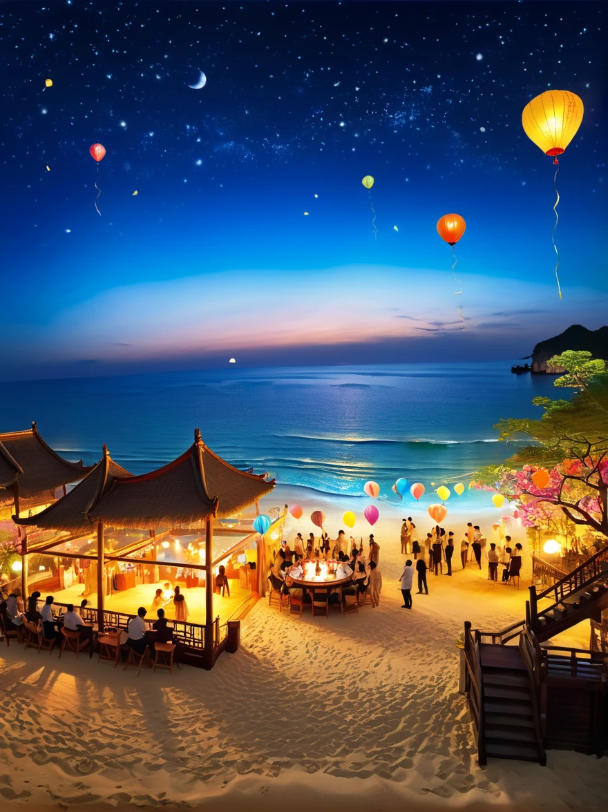 super detailed,Chinese ink style,Chinese landscape painting, ((Night, under the stars)),A luxurious and joyous beach under the sky, where the golden sands meet the azure sea. The scene is set with opulent decorations, shimmering lights, and vibrant balloons. Guests are seen enjoying themselves, with some lounging in chic beach chairs, others dancing freely on the sand, and a few indulging in extravagant beachside cocktails. The atmosphere is electrified with live music, a DJ spinning upbeat tracks on a stage adorned with tropical flowers, This setting captures the essence of a lavish celebration, blending the natural beauty of the beach with the exhilaration of a festive gathering。it sparks our imagination,Let us be immersed in this dreamlike artistic conception,magical atmosphere,happy and peaceful scene,Surreal and ethereal colors,texture landscape,otherworldly environment,beautiful scenery,Hazy and mysterious atmosphere,dramatic light and shadow,A thrilling sense of adventure,Amazing natural wonders,Grandeur and sense of scale,Explore endless possibilities