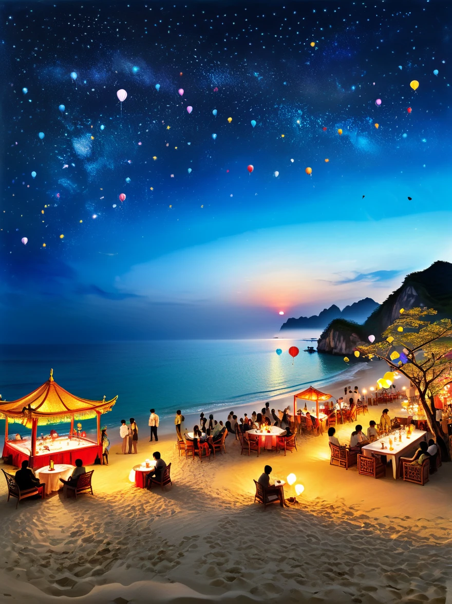 super detailed，Chinese ink style，Chinese landscape painting, ((Night, under the stars))，A luxurious and joyous beach under the sky, where the golden sands meet the azure sea. The scene is set with opulent decorations, shimmering lights, and vibrant balloons. Guests are seen enjoying themselves, with some lounging in chic beach chairs, others dancing freely on the sand, and a few indulging in extravagant beachside cocktails. The atmosphere is electrified with live music, a DJ spinning upbeat tracks on a stage adorned with tropical flowers, This setting captures the essence of a lavish celebration, blending the natural beauty of the beach with the exhilaration of a festive gathering。it sparks our imagination，Let us be immersed in this dreamlike artistic conception，magical atmosphere，happy and peaceful scene，Surreal and ethereal colors，texture landscape，otherworldly environment，beautiful scenery，Hazy and mysterious atmosphere，dramatic light and shadow，A thrilling sense of adventure，Amazing natural wonders，Grandeur and sense of scale，Explore endless possibilities