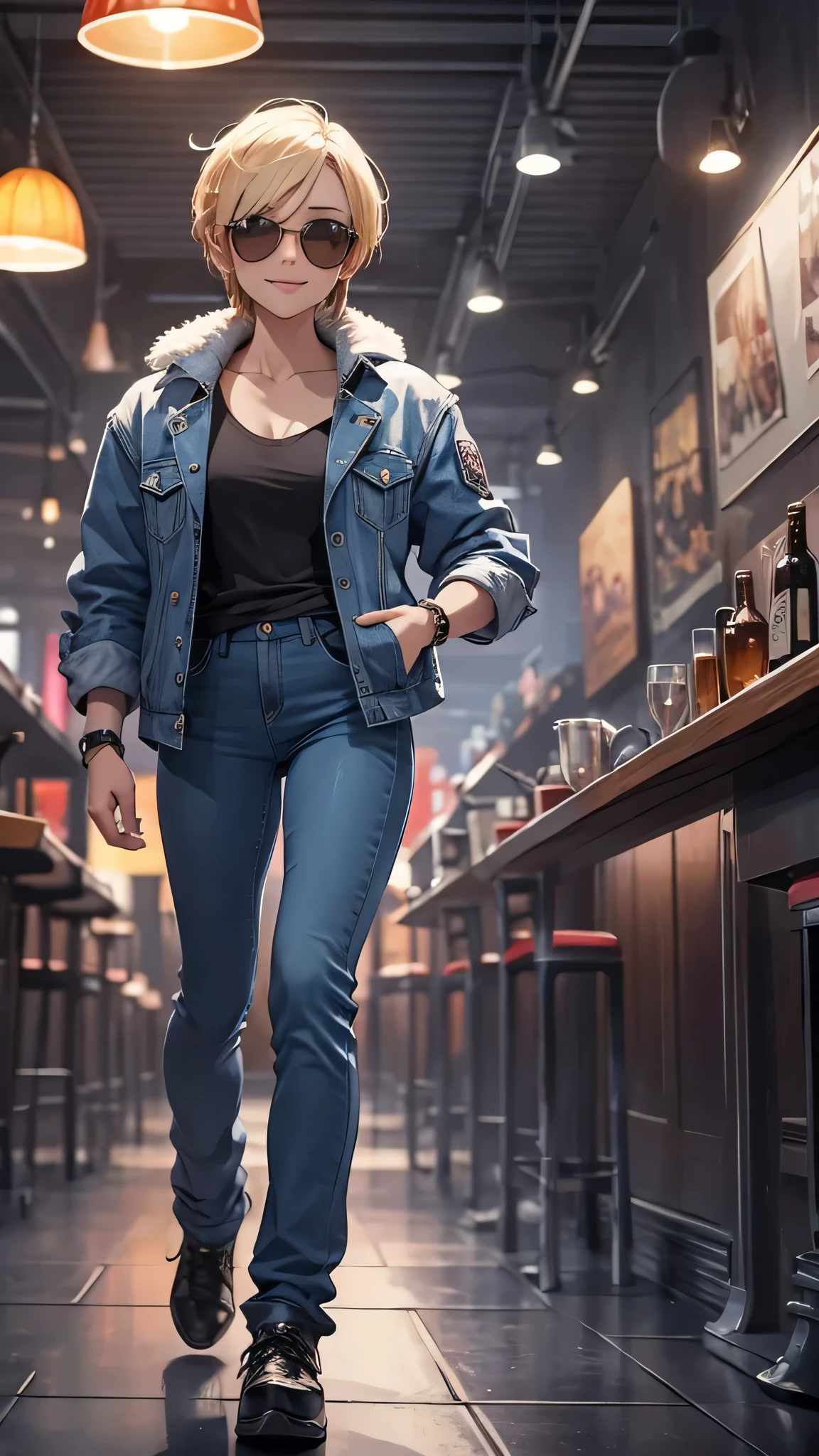 最high quality、best image quality、masterpiece、male((20-year-old、 By becoming、wide open breast tea、輝くeye, blonde、shortcut、black vest、blue t-shirt、denim pants、Wristband、stubble、muscular、eye、sunglasses、full body tattoo、smile、holding beer bottles、red long sleeve jacket,selfie pose)),high quality、beautiful art、background((Tokyo,bar))、Flight、debris flies、Depth of written boundary、movie、visual art、perfect art、8k,genuine、