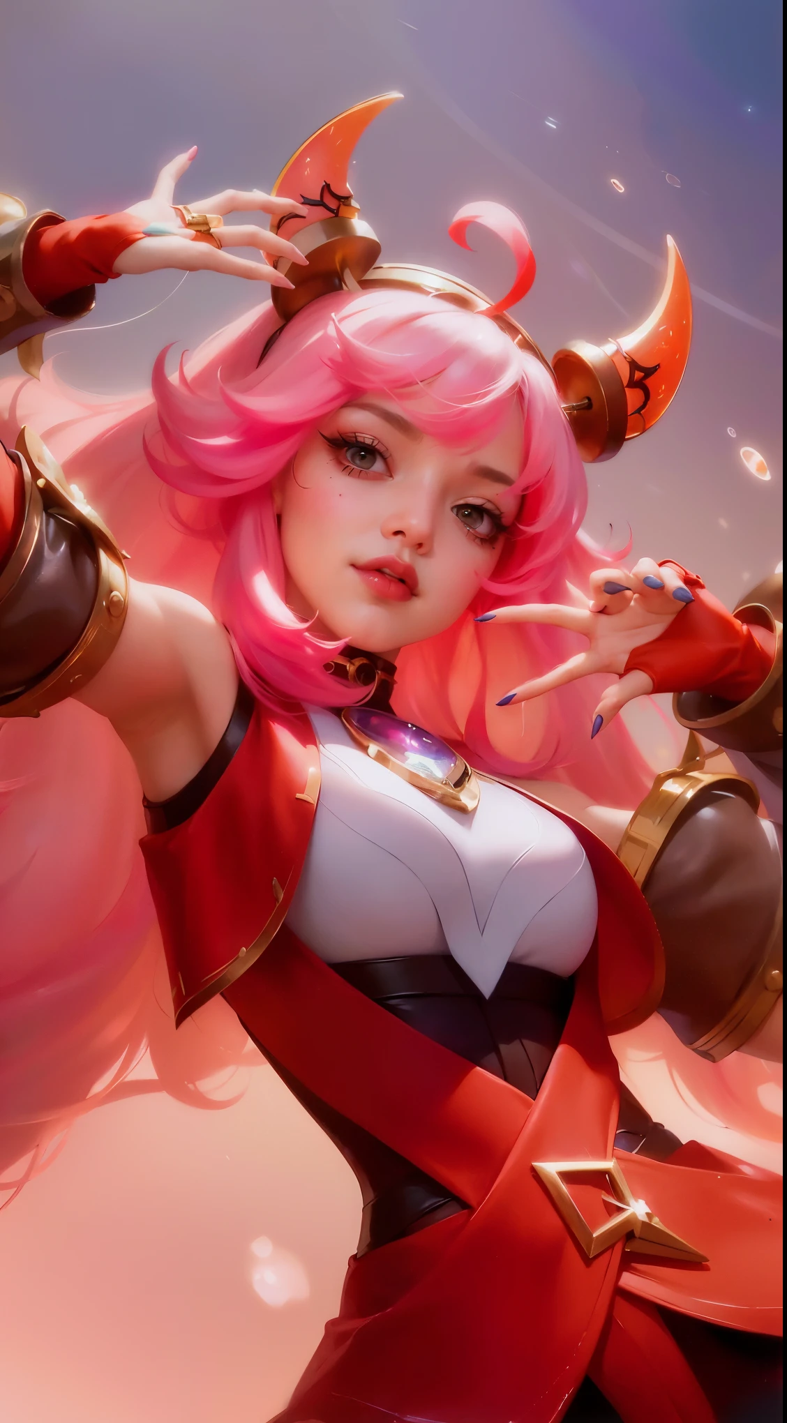 (8k, RAW photo, photorealistic:1.25) ,( lipgloss, eyelashes, gloss-face, glossy skin, best quality, ultra highres, depth of field, chromatic aberration, caustics, Broad lighting, natural shading, looking at viewer with a serene and goddess-like happiness, a close up of a woman with pink hair and horns, extremely detailed artgerm, krenz cushart and artgerm, ig model | artgerm, miss fortune, style artgerm, kda, cushart krenz key art feminine, artgerm lau, iconic character splash art, ! dream artgerm