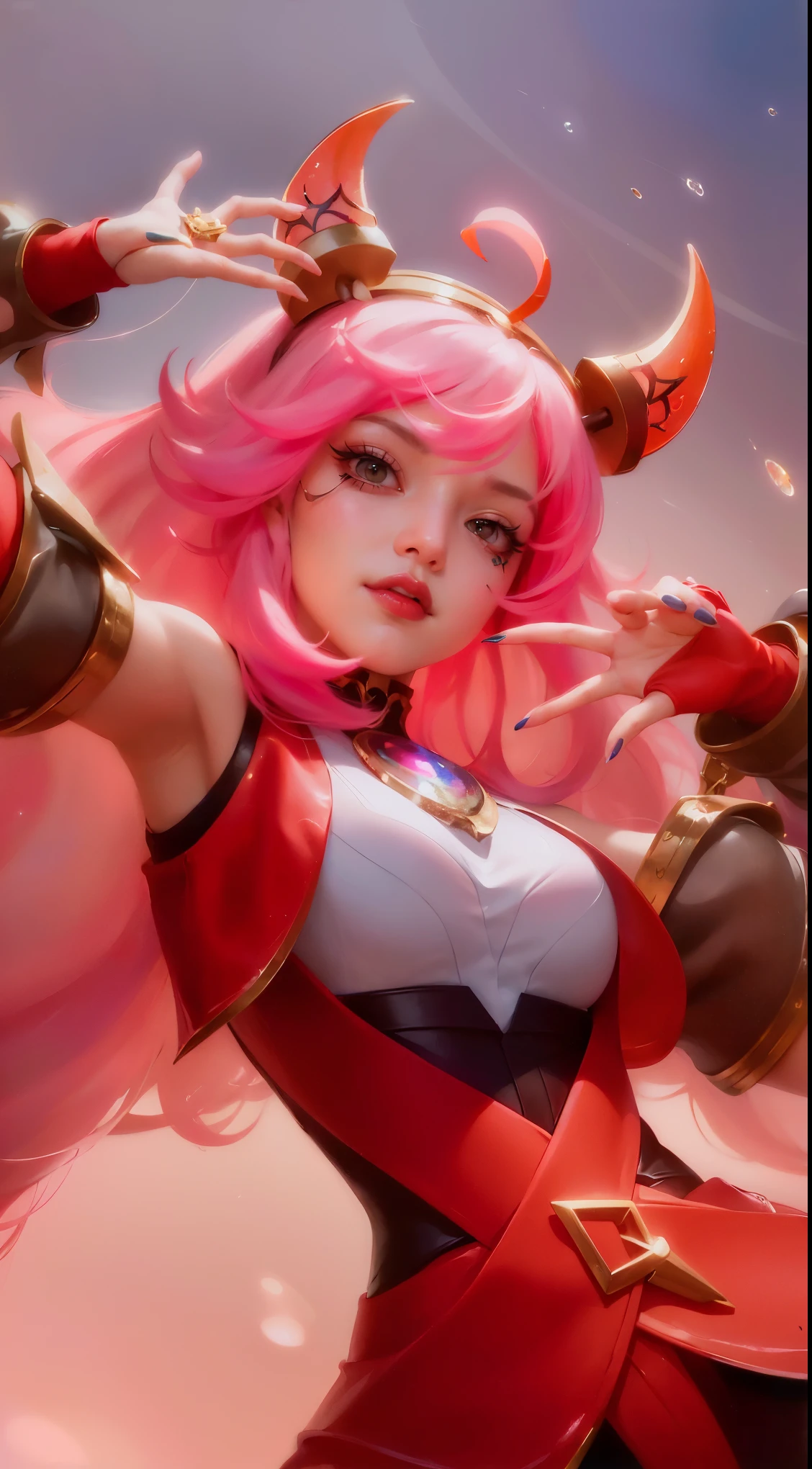 (8k, RAW photo, photorealistic:1.25) ,( lipgloss, eyelashes, gloss-face, glossy skin, best quality, ultra highres, depth of field, chromatic aberration, caustics, Broad lighting, natural shading, looking at viewer with a serene and goddess-like happiness, a close up of a woman with pink hair and horns, extremely detailed artgerm, krenz cushart and artgerm, ig model | artgerm, miss fortune, style artgerm, kda, cushart krenz key art feminine, artgerm lau, iconic character splash art, ! dream artgerm