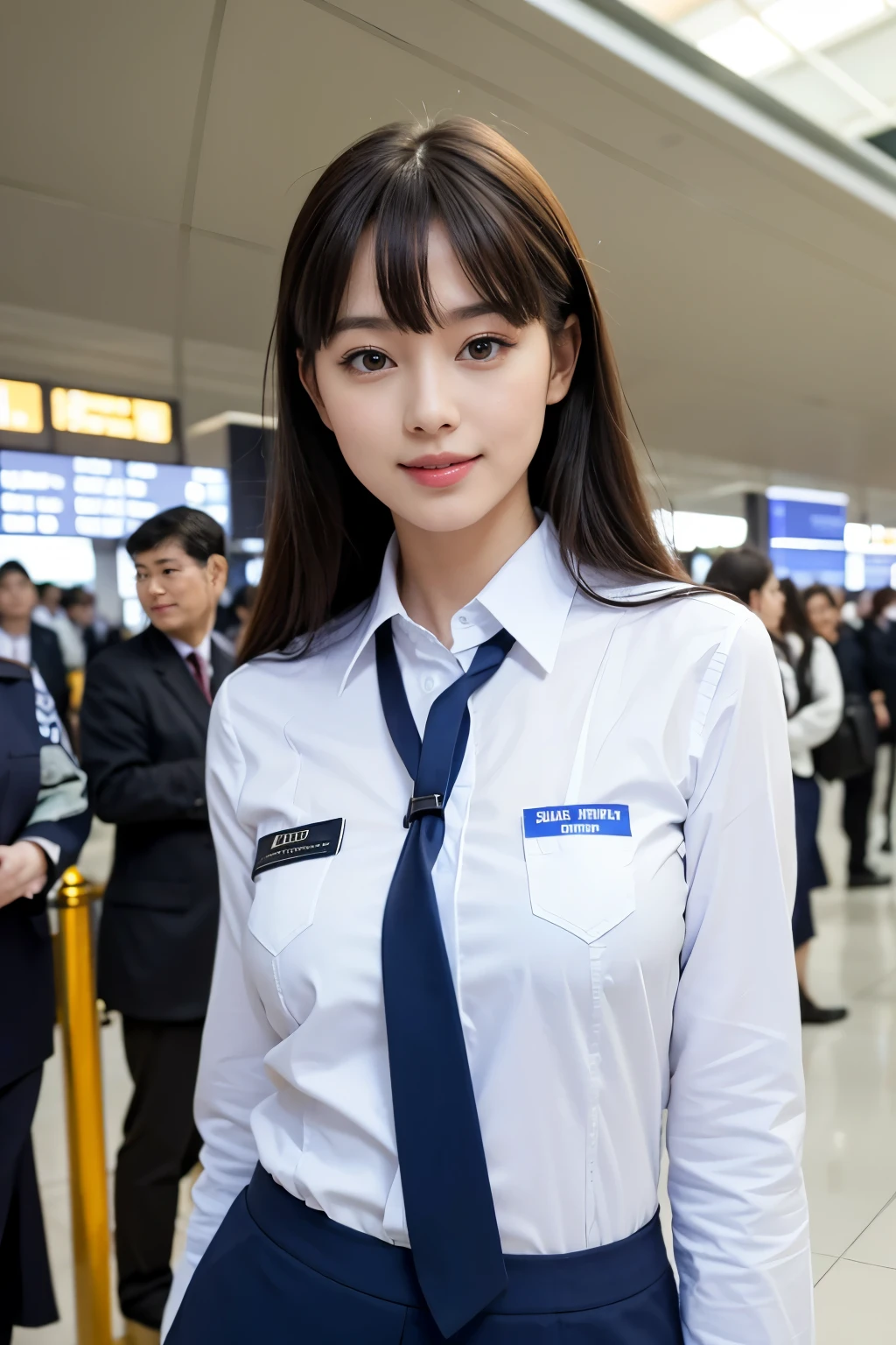 highest quality, masterpiece, 8k, ultra high resolution, (realistic: 1.4), 1 girl, beautiful face, symmetrical eyes, big, perfect body proportions, Bangs Patsun、stewardess uniform, the gaze of the beholder, (Inside the airport: 1.2), Front view, Absolute area (1.3),friendly smile