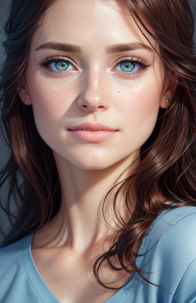 (best quality, 4k, highres, masterpiece:1.2), ultra-detailed, (realistic, photorealistic, photo-realistic:1.37), portraits, animesque, a picture, 30-year-old woman with an oval jaw, beautiful detailed face and eyes, casual clothing, moisturized eyes, beautiful glow in the blue eyes, LDS Art, the hair with vibrant colors