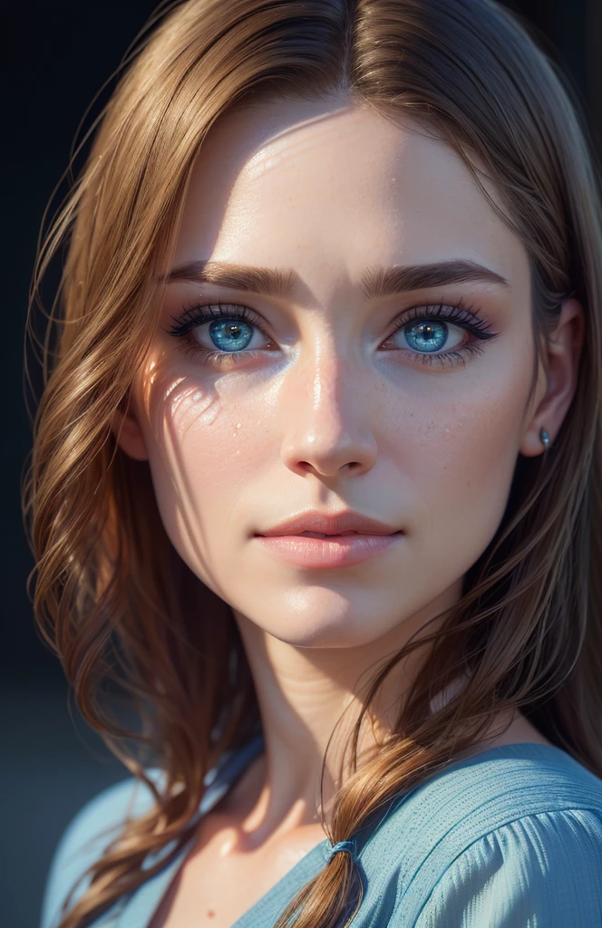 (best quality, 4k, highres, masterpiece:1.2), ultra-detailed, (realistic, photorealistic, photo-realistic:1.37), portraits, animesque, a picture, 30-year-old woman with an oval jaw, beautiful detailed face and eyes, casual clothing, moisturized eyes, beautiful glow in the blue eyes, LDS Art, the hair with vibrant colors