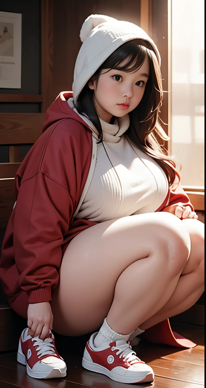 there is a woman sitting down with a longest brown hair, bbwchan, thicc, brown hijab outfit, brown hairstyle model, korean girl, korean woman, wearing brown robe, full length shot, alluring plus sized model, japanese goddess, clothed in hooded, voluptuous and arousing, portrait shot, curvy model, voluptuous body, wonderful, nene tanaka body , bbwchan, The overall atmosphere is smooth , haunting illustrations, extremely high-resolution details, photographic, realism pushed to extreme, fine texture, 4k, ultra-detailed, high quality, high contrast, red sneakers , cold atmosphere ,, cold atmosphere