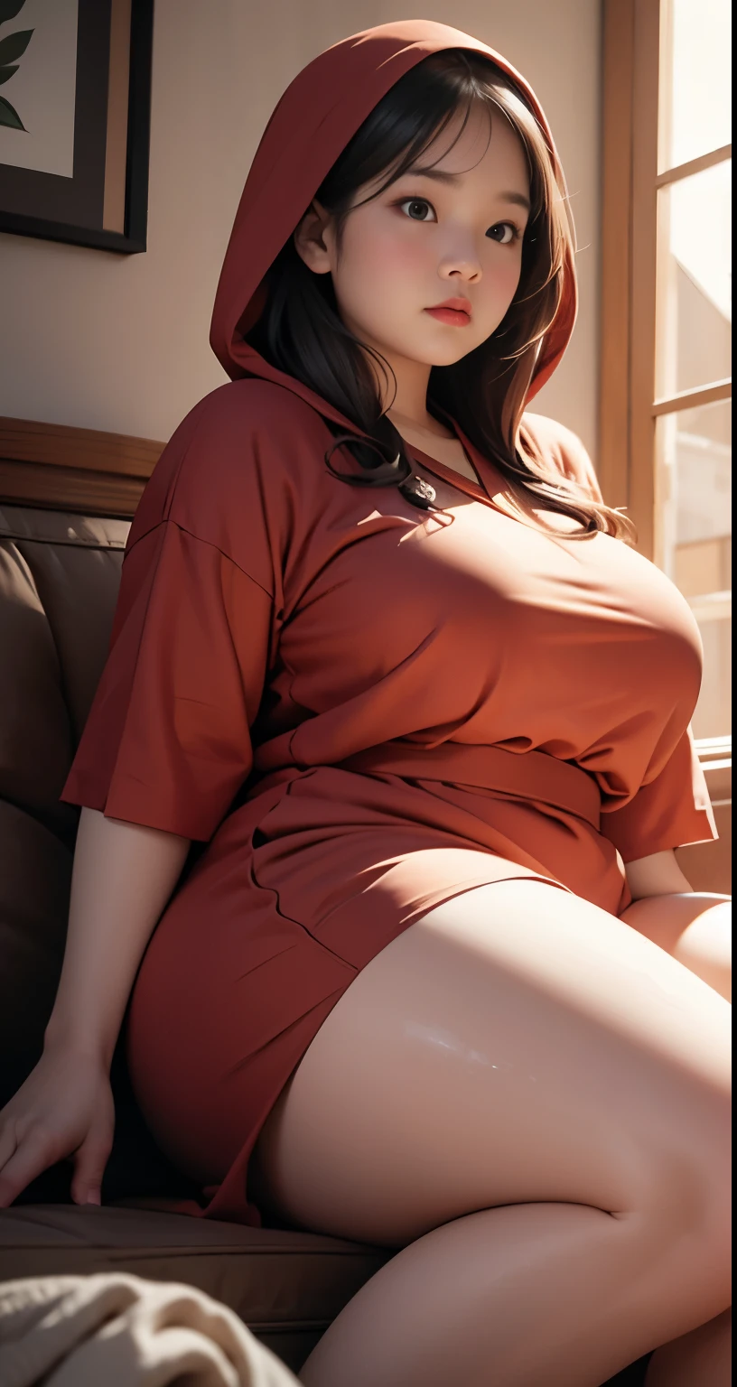 there is a woman sitting down with a longest brown hair, bbwchan, thicc, brown hijab outfit, brown hairstyle model, korean girl, korean woman, wearing brown robe, full length shot, alluring plus sized model, japanese goddess, clothed in hooded, voluptuous and arousing, portrait shot, curvy model, voluptuous body, wonderful, nene tanaka body , bbwchan, The overall atmosphere is smooth , haunting illustrations, extremely high-resolution details, photographic, realism pushed to extreme, fine texture, 4k, ultra-detailed, high quality, high contrast, red sneakers , cold atmosphere ,, cold atmosphere