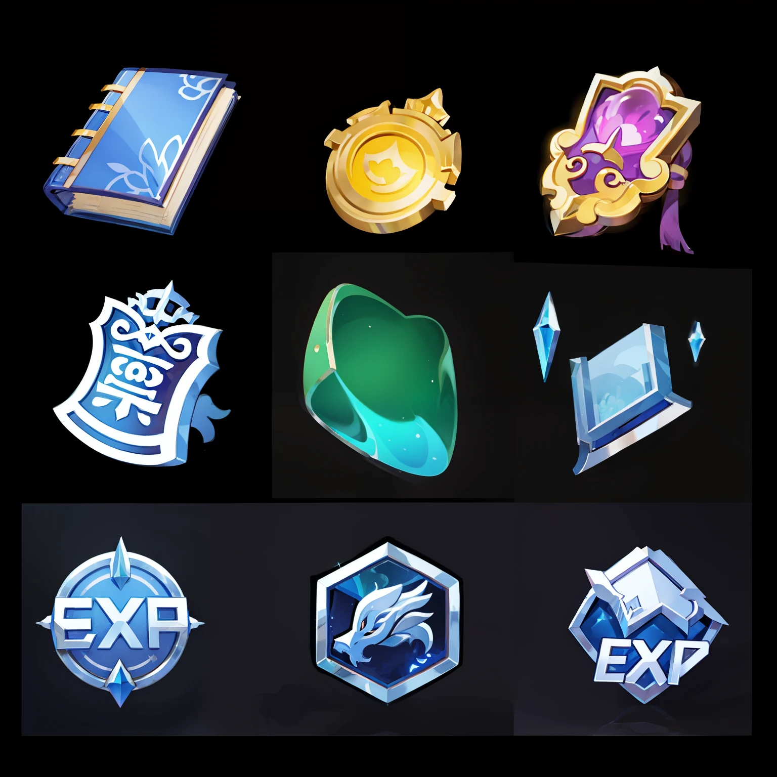 Close-up of a bunch of different items on black background, ability image, game icon资源, game icon, League of Legends inventory items, proper style, character icon, 程式化的game icon, object art, league of legends style, mysterious art style, Asset package, game assets, Super detail on every object, Enhance