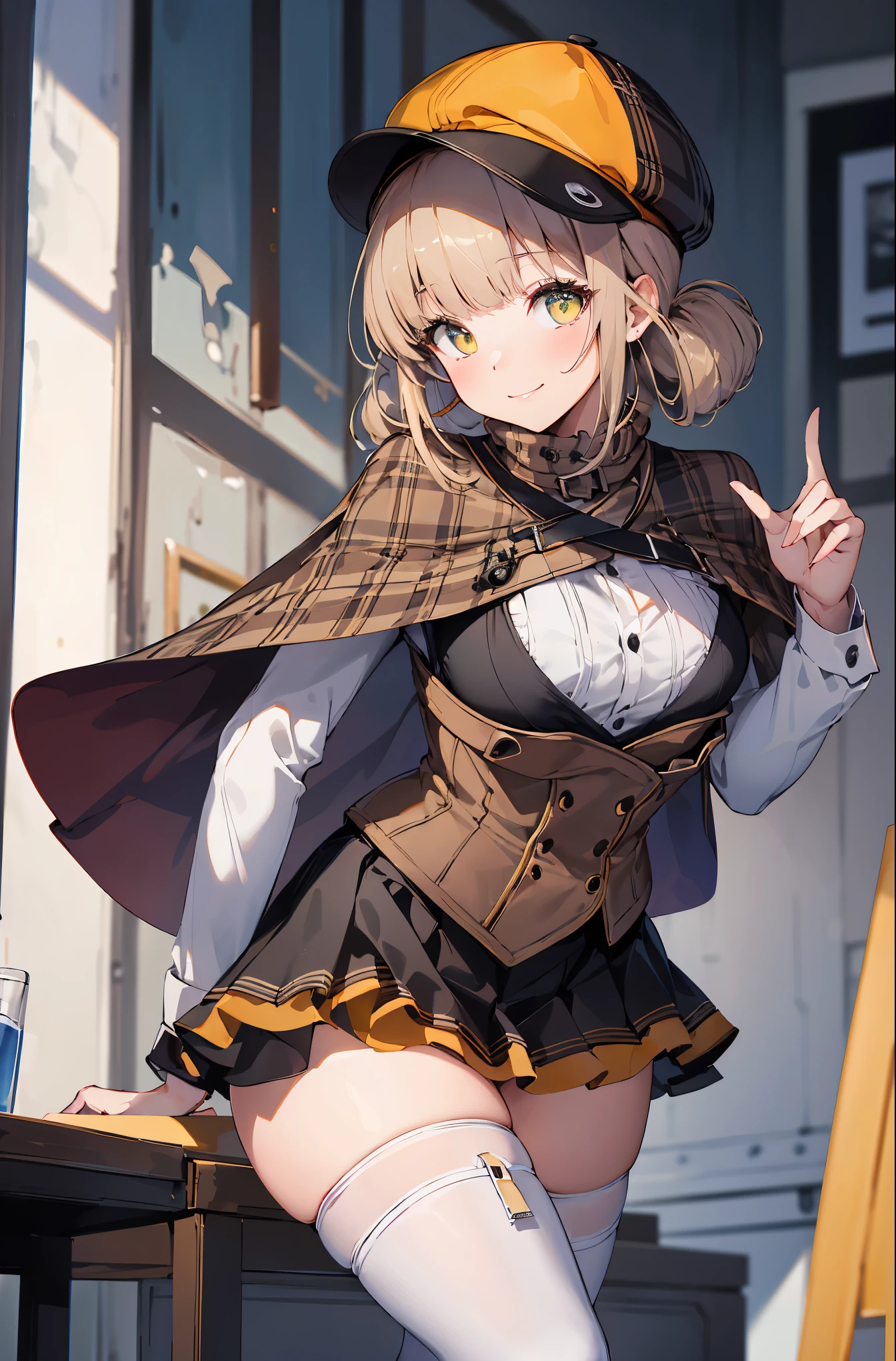 masterpiece, highest quality,defnovel, deerstalker, yellow hat, plaid capelet, white shirt, long sleeves, black skirt, black thighhighs,large breasts,smile,(contrapposto:1.3),(leaning forward:1.3),(Hand on Hips),top-quality,Top image quality,perfect anatomy,masterpiece,ultra-detailliert,Beautiful,ultra-quality, best quality,high resolution, ultra-detailed,game cg,dutch angle ,beautiful detailed eyes,visualart,five fingers, perfect hands,