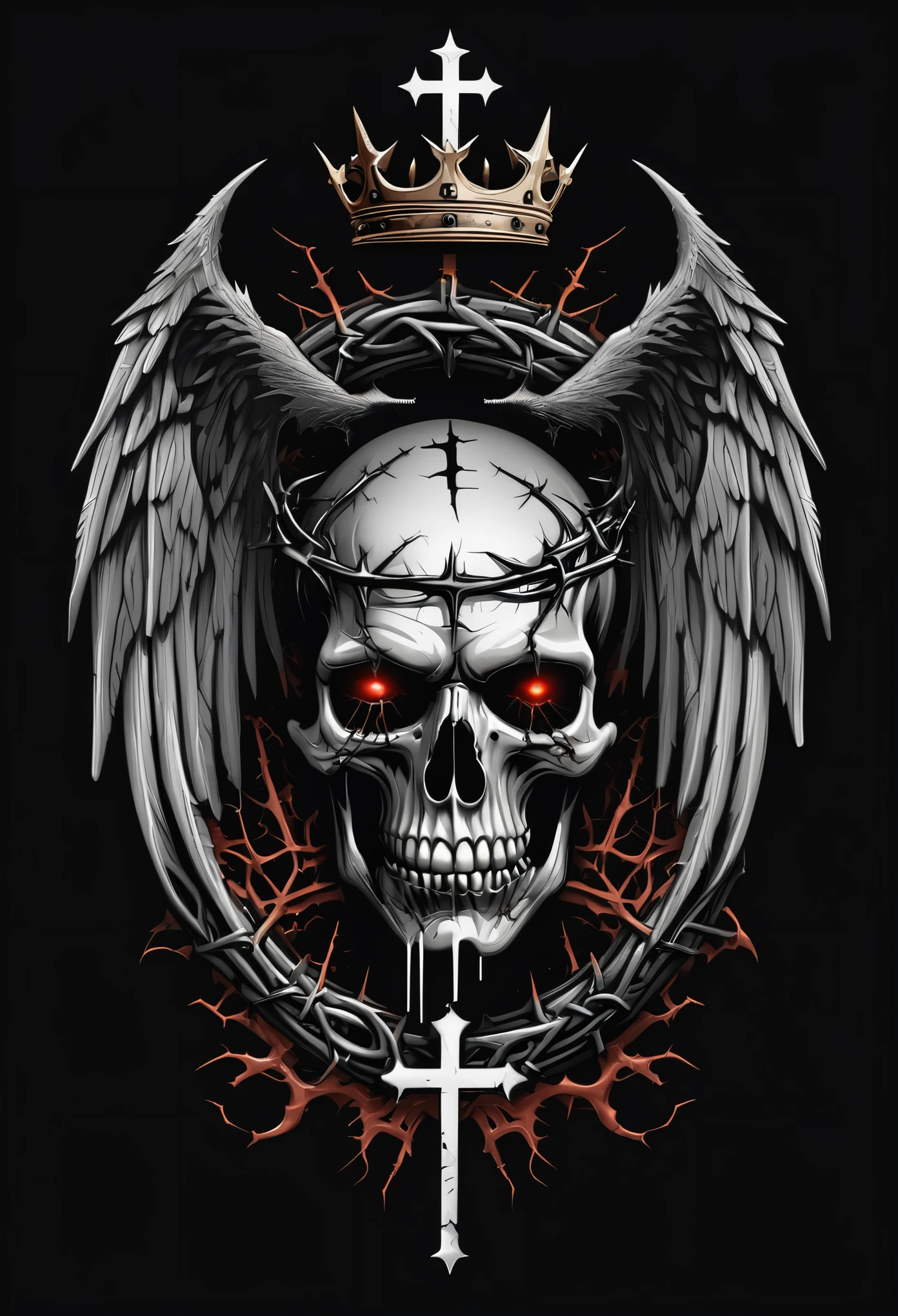 Horror themed typography t-shirt graphic design , cross logo, design of angel wings and a crown of thorns, use black and ceramic texture in design, tema heavy metal, por Joe Fenton, t shirt design, flat-colors, vectorial art, high contrast colors, swirly vibrant colors, High details, ((black backdrop)), . weirdcore, disturbing, tenebrosa, frightful, suspense, grim, highy detailed