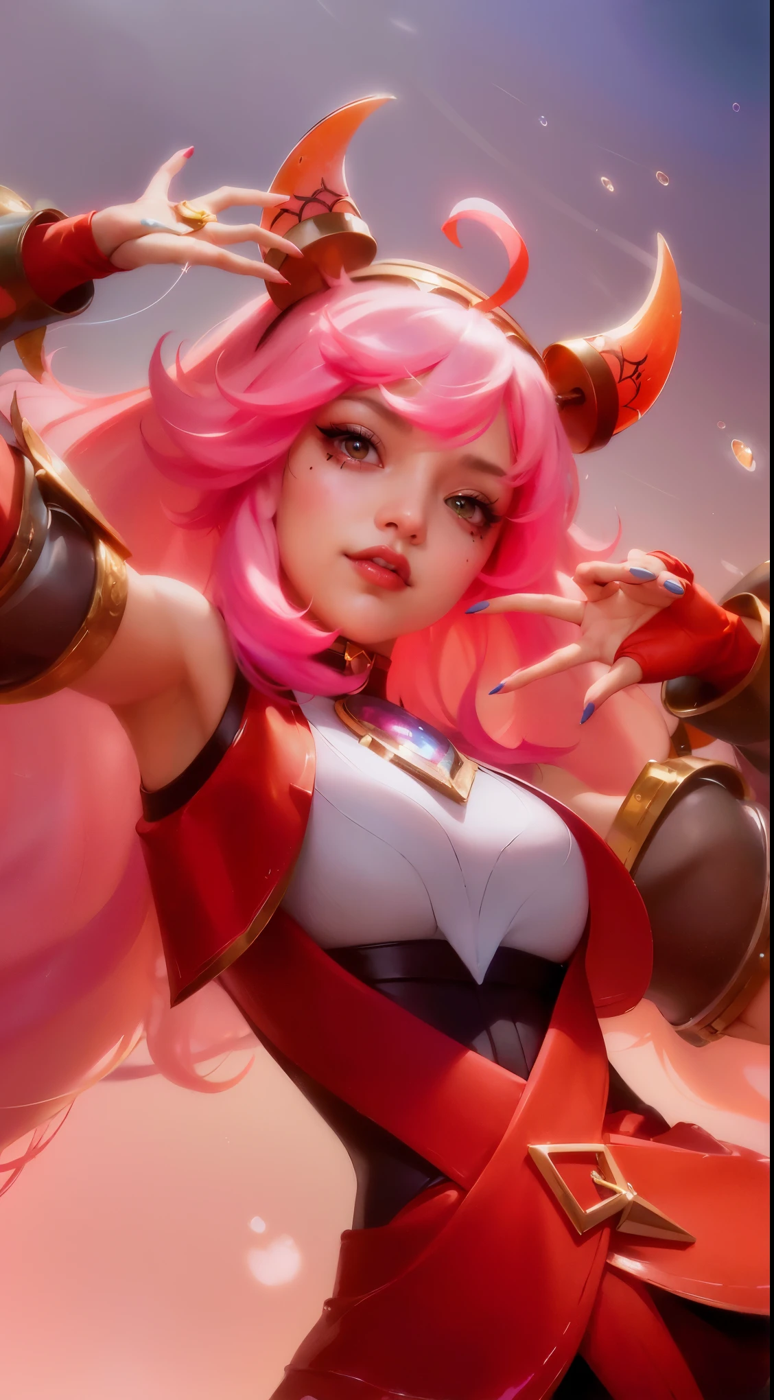 (8k, RAW photo, photorealistic:1.25) ,( lipgloss, eyelashes, gloss-face, glossy skin, best quality, ultra highres, depth of field, chromatic aberration, caustics, Broad lighting, natural shading, looking at viewer with a serene and goddess-like happiness, a close up of a woman with pink hair and horns, extremely detailed artgerm, krenz cushart and artgerm, ig model | artgerm, miss fortune, style artgerm, kda, cushart krenz key art feminine, artgerm lau, iconic character splash art, ! dream artgerm