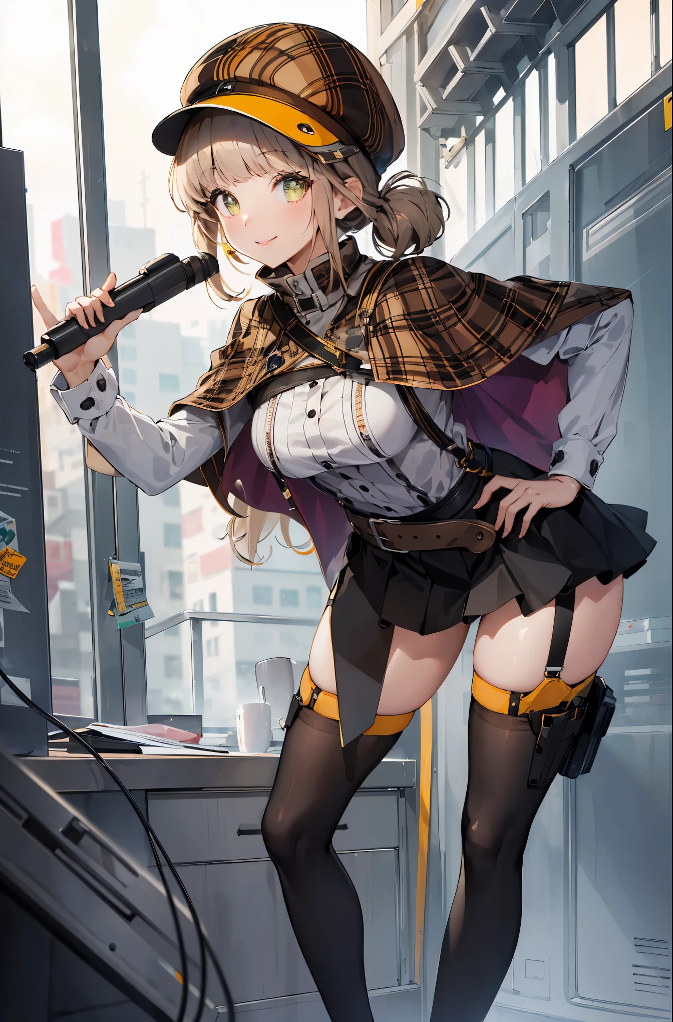 masterpiece, highest quality,defnovel, deerstalker, yellow hat, plaid capelet, white shirt, long sleeves, black skirt, black thighhighs,large breasts,smile,(contrapposto:1.3),(leaning forward:1.3),(Hand on Hips),top-quality,Top image quality,perfect anatomy,masterpiece,ultra-detailliert,Beautiful,ultra-quality, best quality,high resolution, ultra-detailed,game cg,dutch angle ,beautiful detailed eyes,visualart,five fingers, perfect hands,