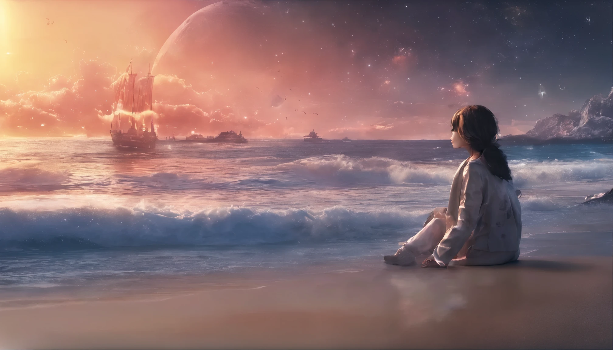 (masterpiece, highest quality: 1.2), super detailed, cinematic lighting, HDR, figure, landscape, 1 girl, (soft colors), Post-apocalyptic beaches, night, desolate atmosphere, girl sitting on the sand, covered plants, (cloudy sky), waves crashing on the shore, (Depressing but hopeful), a moment of quiet rest, (detailed texture), wind-swept hair, nightは曇り