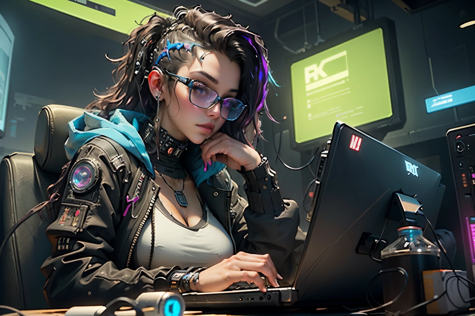 ((Best quality)), ((masterpiece)), (highly detailed:1.3), 3D, beautiful (cyberpunk:1.3) hacker woman with thick voluminous hair operating a computer terminal