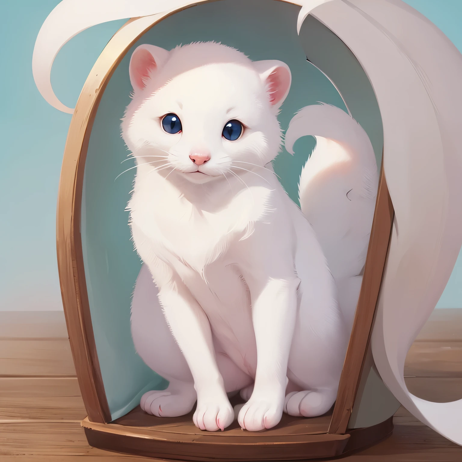 very cute white weasel, pastel colored background