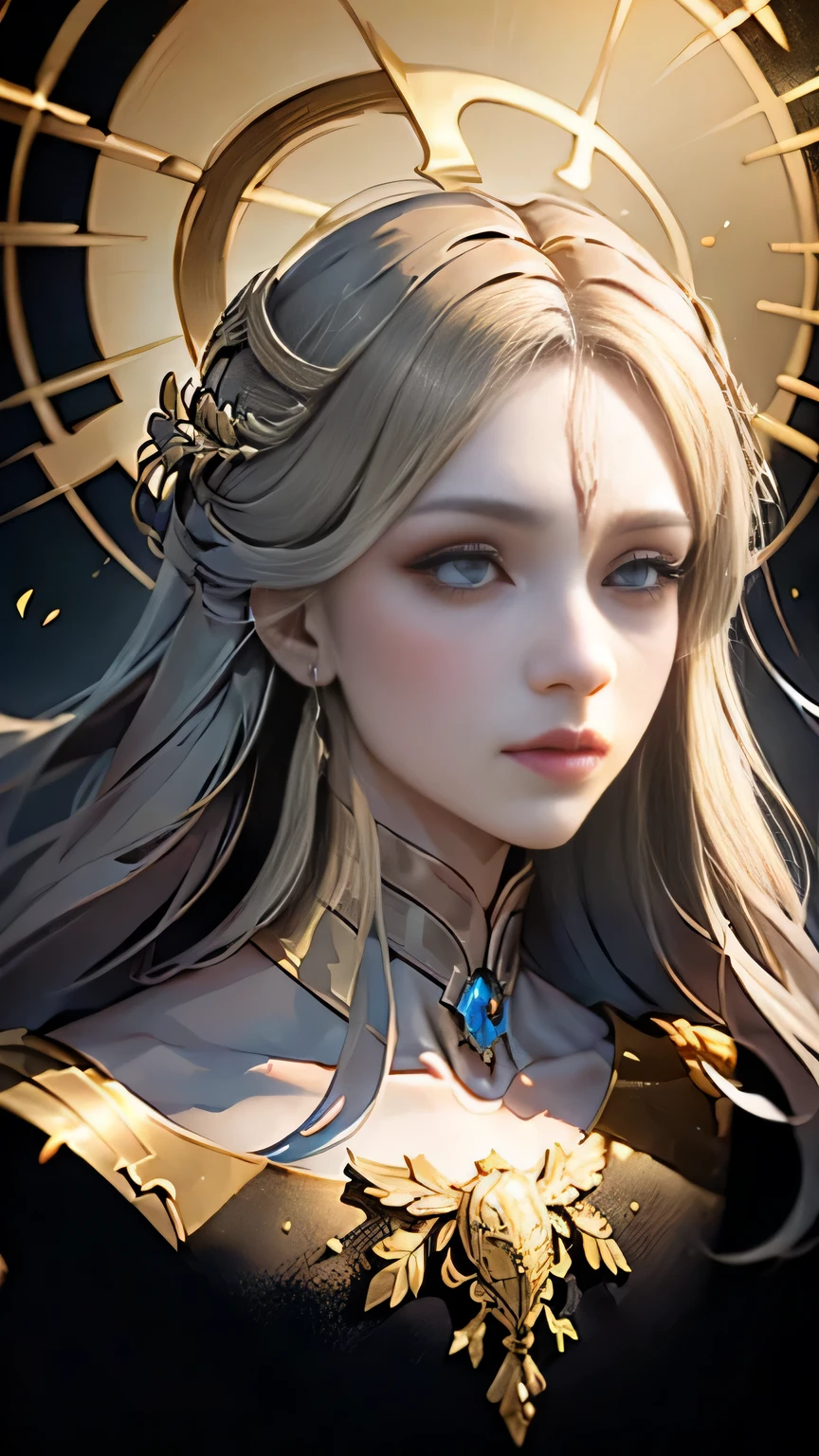 masterpiece, (golden:1.5), highest quality, Super detailed, enchanting facial features, black damask lace, dark painting style,portrait of the goddess of evil, long hair, sky