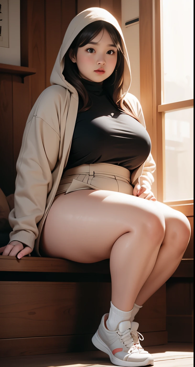 there is a woman sitting down with a longest brown hair, bbwchan, thicc, brown hijab outfit, brown hairstyle model, korean girl, korean woman, wearing brown robe, full length shot, alluring plus sized model, japanese goddess, clothed in hooded, voluptuous and arousing, portrait shot, curvy model, voluptuous body, wonderful, nene tanaka body , bbwchan, The overall atmosphere is smooth , haunting illustrations, extremely high-resolution details, photographic, realism pushed to extreme, fine texture, 4k, ultra-detailed, high quality, high contrast, red sneakers , cold atmosphere ,, cold atmosphere