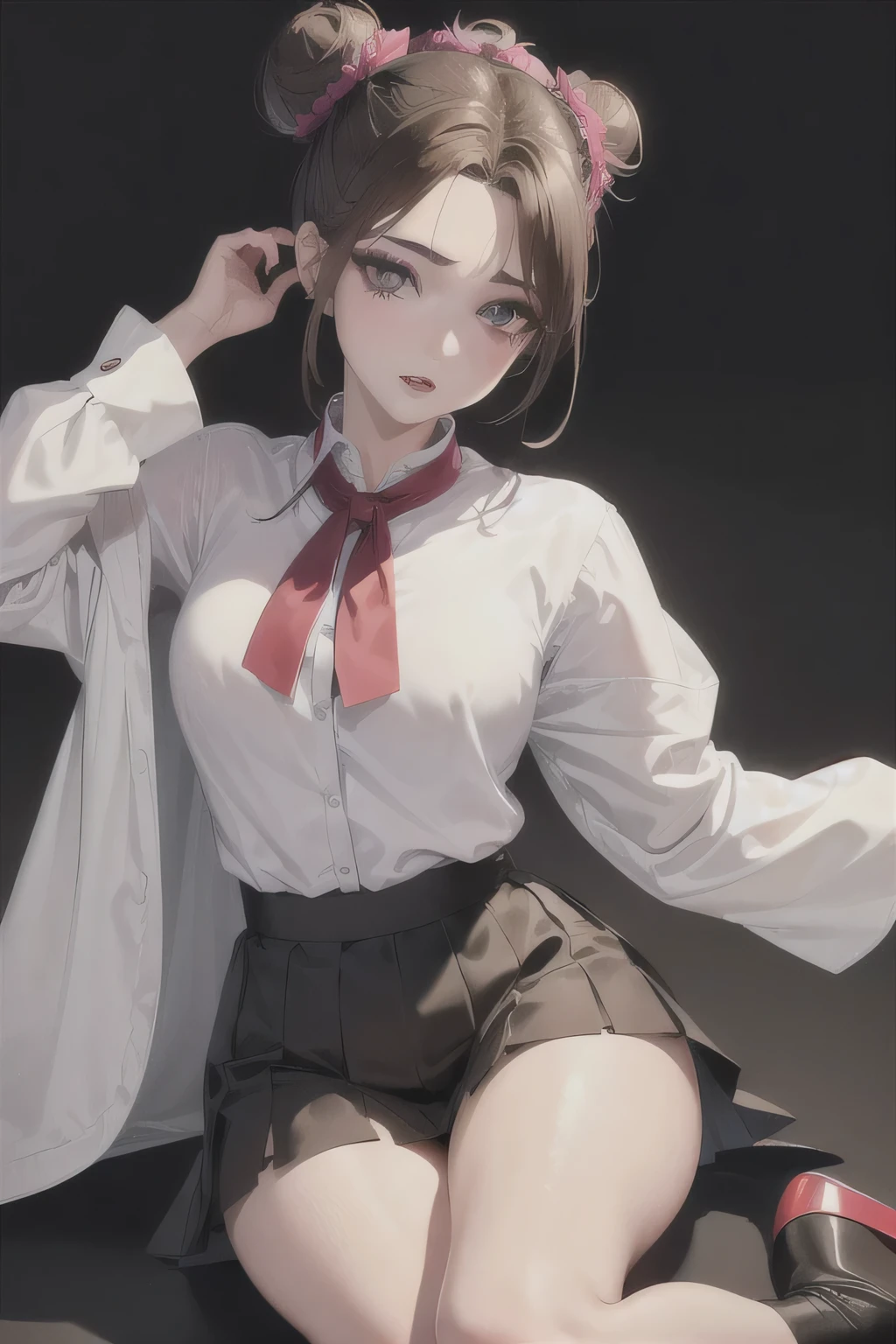 masterpiece, best quality, 8k, beautiful face, high detailed skin,hyper detailed,ultra high res, photorealistic, high resolution, ,lens flare, (Top knot bun:1.5),(same makeup for both eyes:1.5),perfect face,ralistic eyes, detailed lighting, detailed eyes,detailed skin, detailed shadows,ralistic skin,(opened mouth:1.02), (closed eyes:0.9),no make-up,,looking_at_viewer,upper body,Best quality,masterpiece,ultra high res,a pair of ggx heels,1girl,white shirt,black pleated skirt,pantyhose,(dark brown eyes:1.2),Slutty、(black and red and pink)、Analog 150mm Renault Tiful Natural Soft Rim Light、